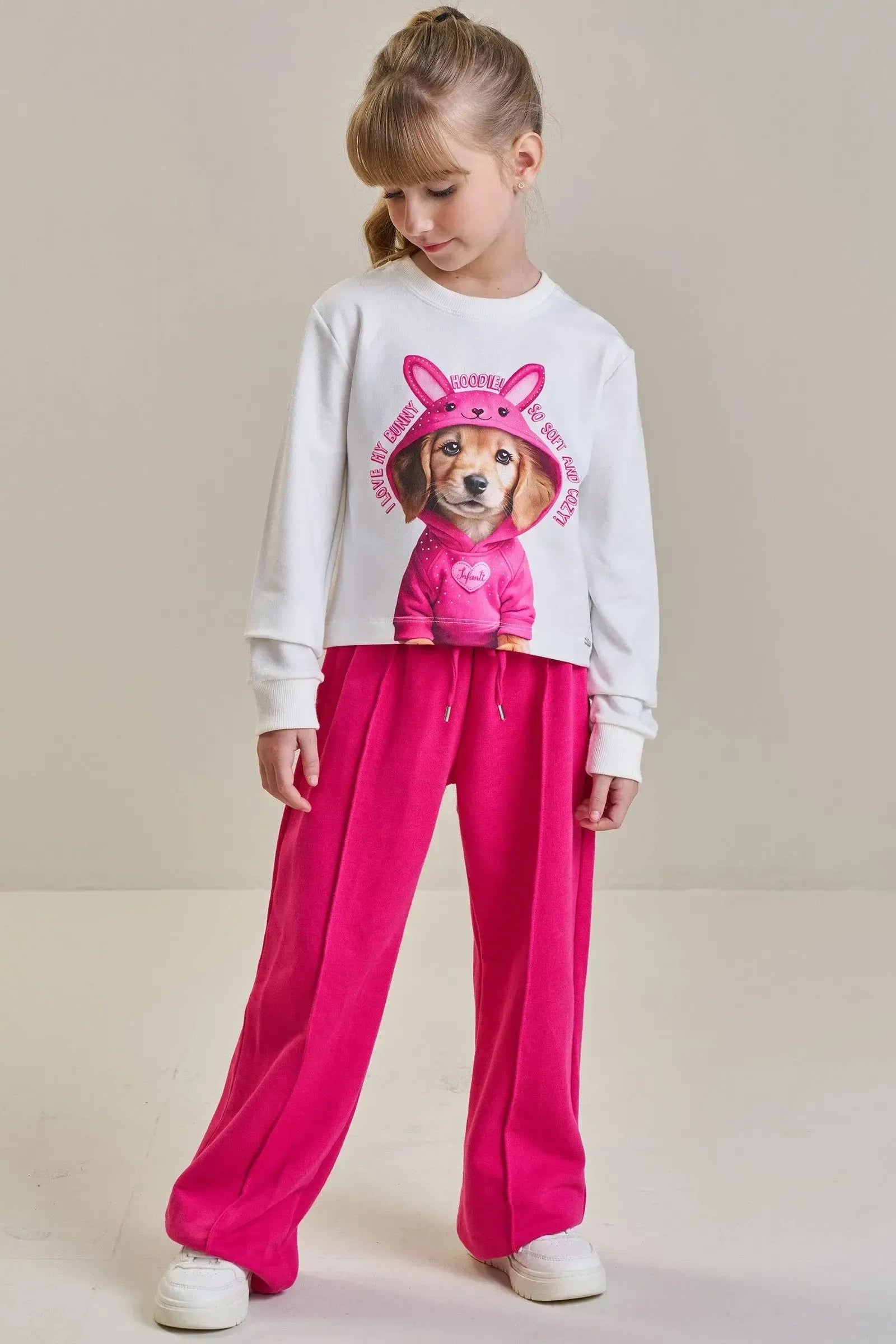 Conjunto de Blusão Boxy em Molecotton e Calça Wide Leg em Moletom sem Pelúcia 92138 Infanti Infantil Menina