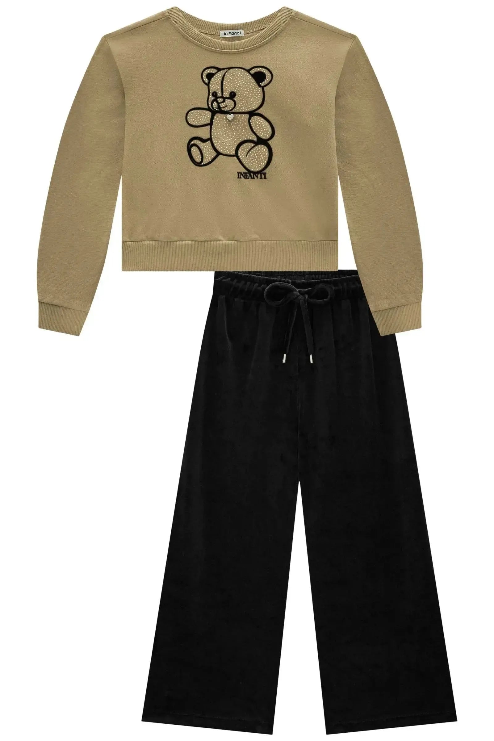 Conjunto de Blusão Boxy em Moletom com Pelúcia e Calça Wide Leg em Veludo com Elastano 92587 Infanti Infantil Menina