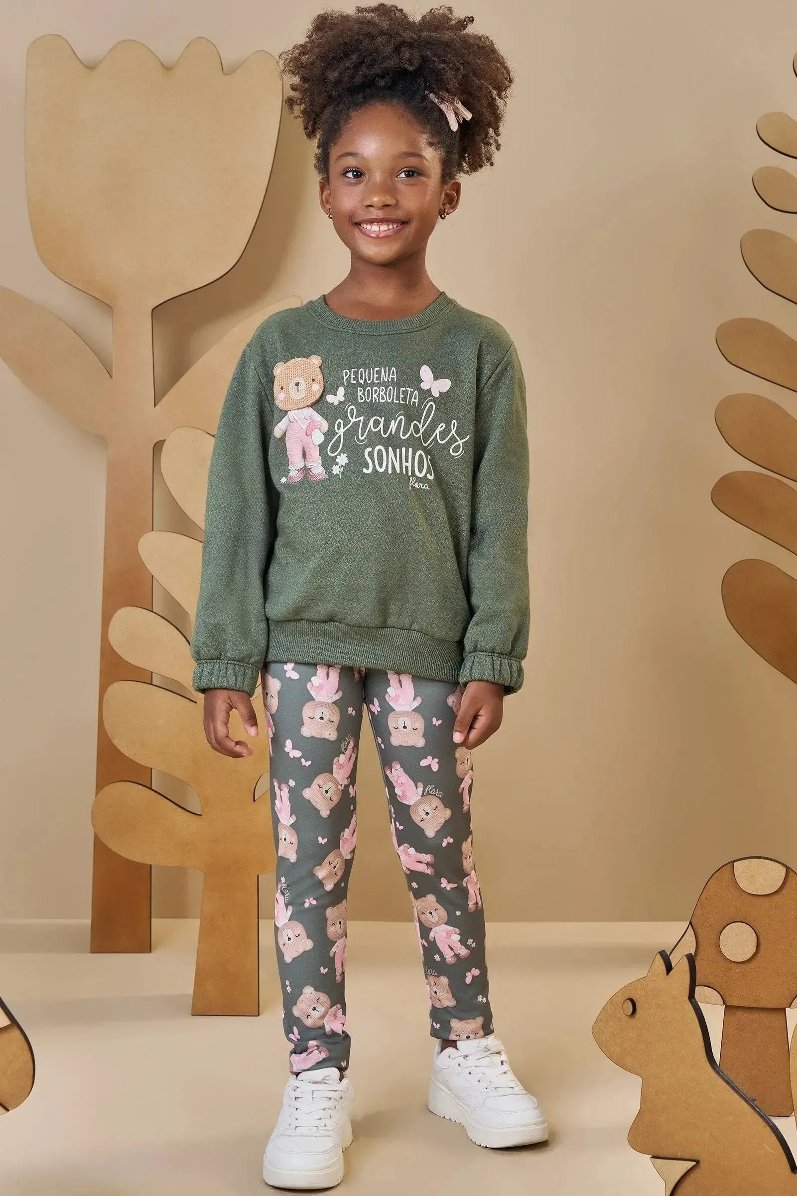 Conjunto de Blusão Boxy em Moletom Diferenciado com Pelúcia com Calça Legging em Termoskin 90492 Infanti Infantil Menina