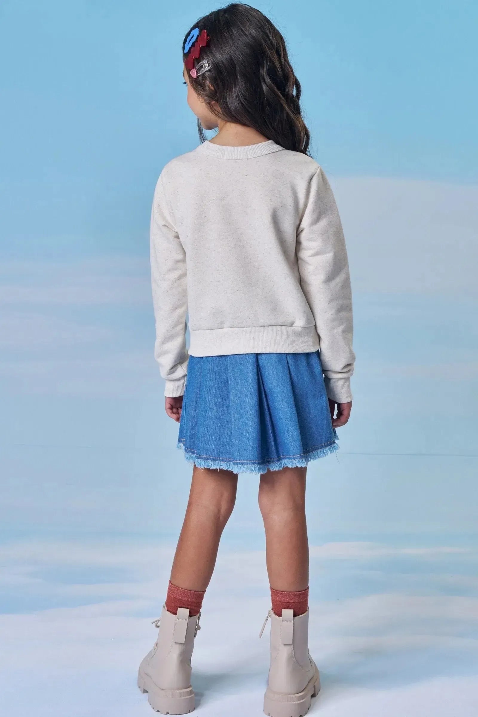 Conjunto de Blusão Boxy em Moletom Linho sem Pelúcia e Saia em Jeans 100% Algodão 90633 Kukiê Infantil Menina