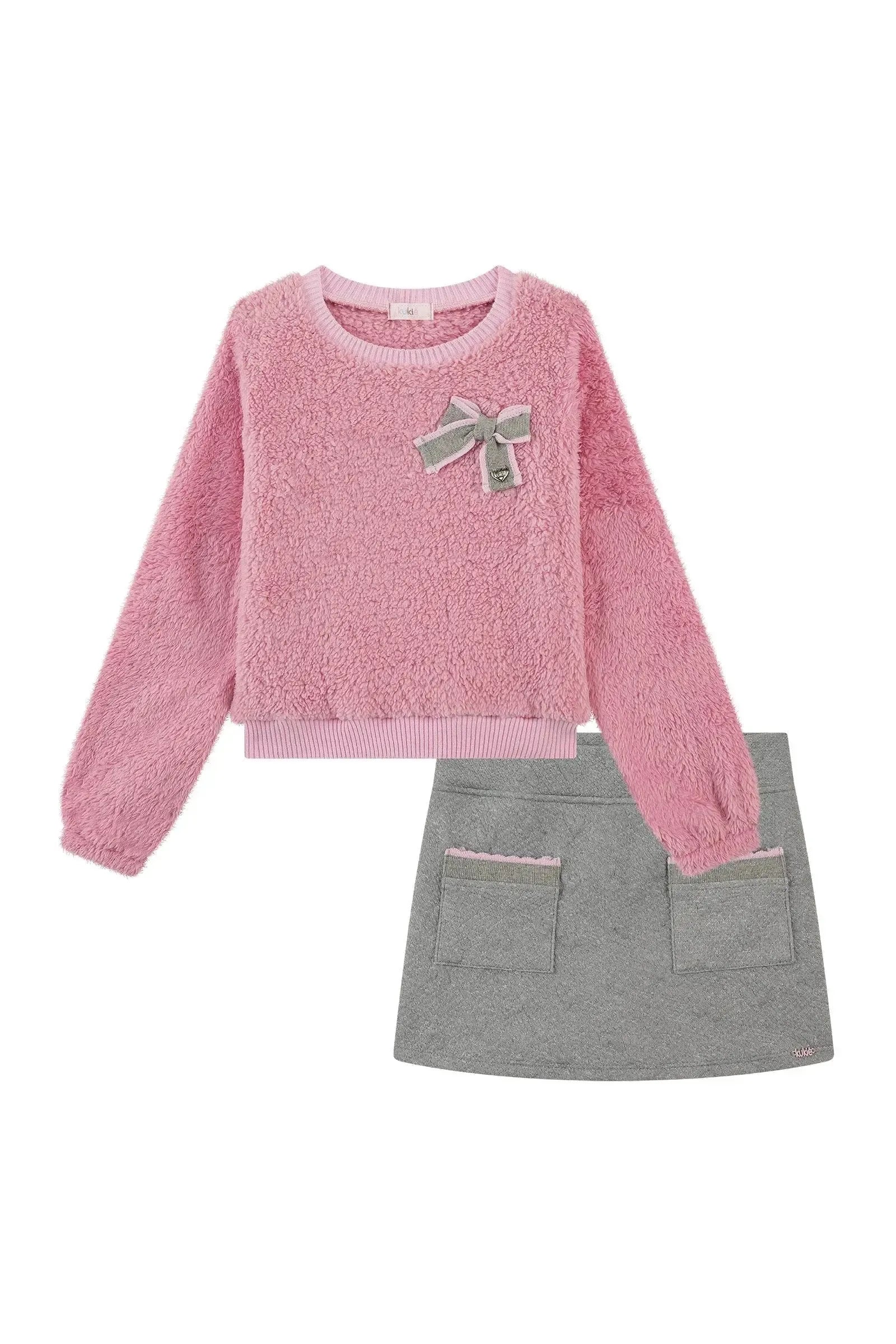 Conjunto de Blusão de Pelo Carneirinho e Short Saia em Malha Matelassê 90824 Kukiê Infantil Menina