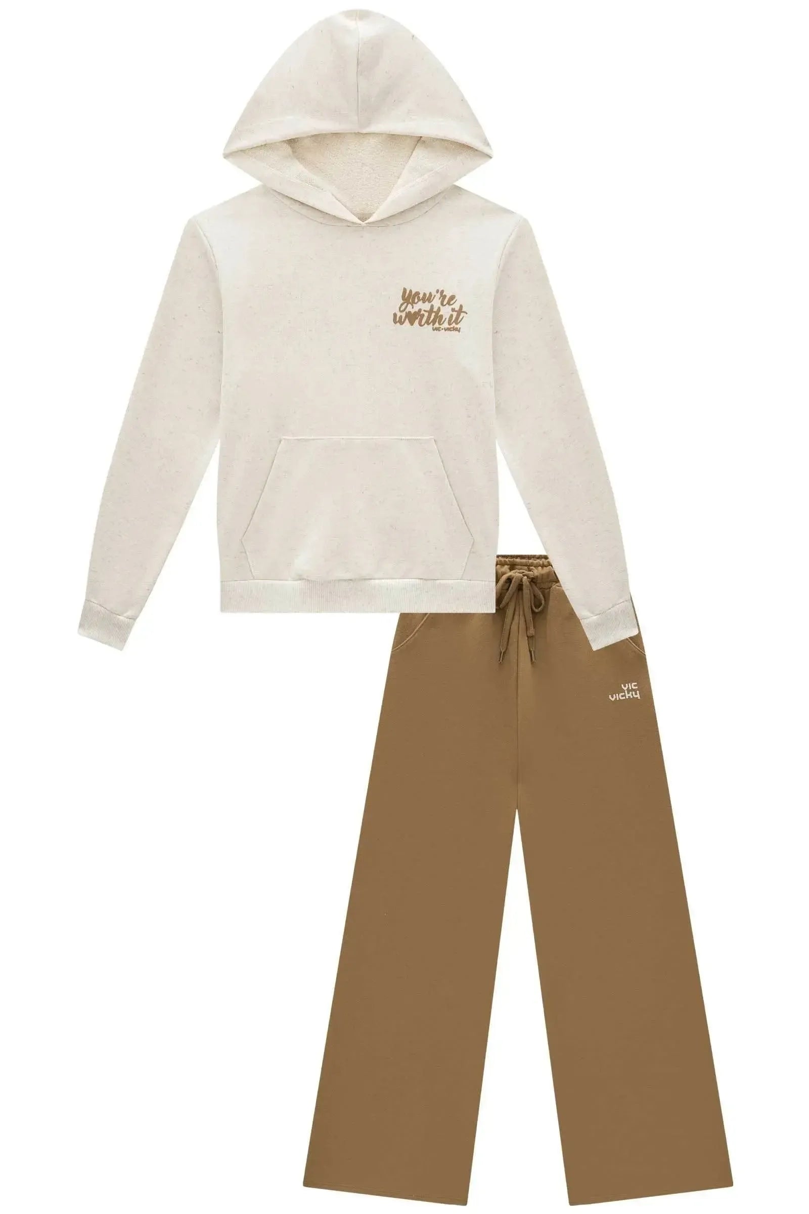 Conjunto de Blusão e Calça Wide Leg em Moletom sem Pelúcia 90650 Vic&Vicky Teen Menina