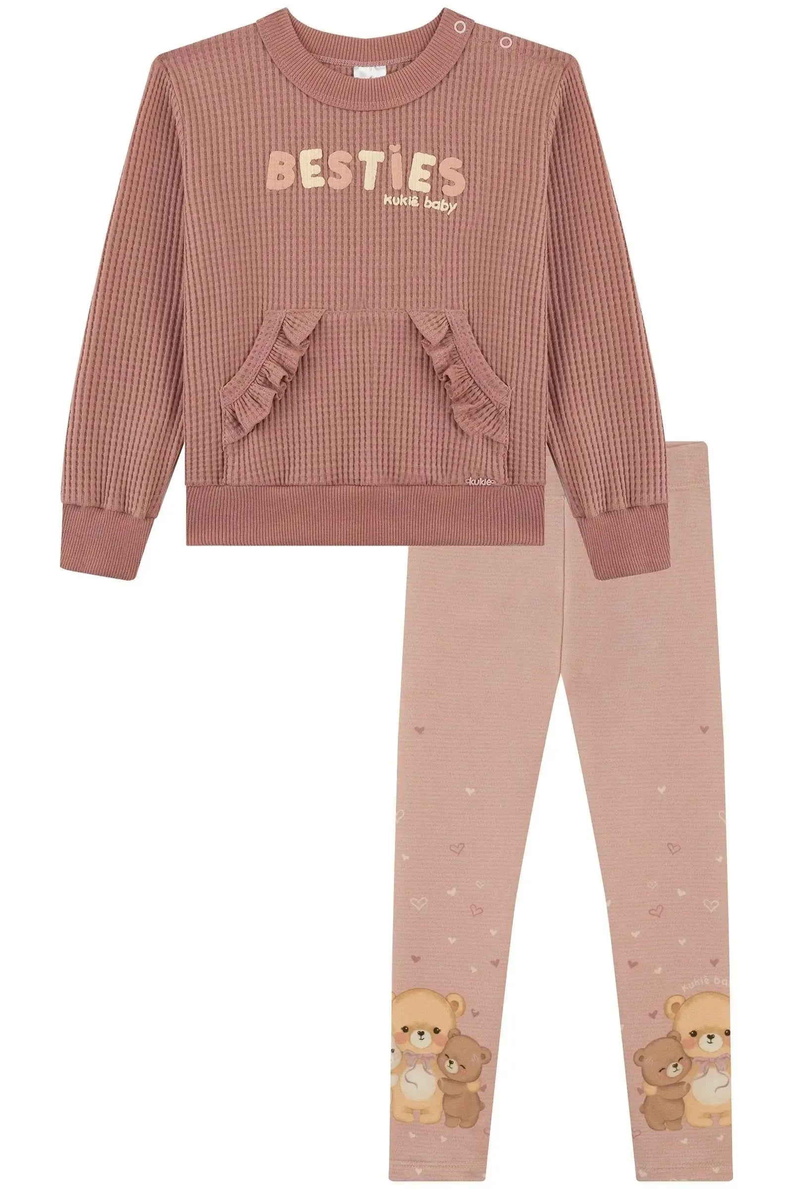 Conjunto de Blusão em Big Waffle e Calça Legging em Molecotton 92225 Kukiê Bebê Menina