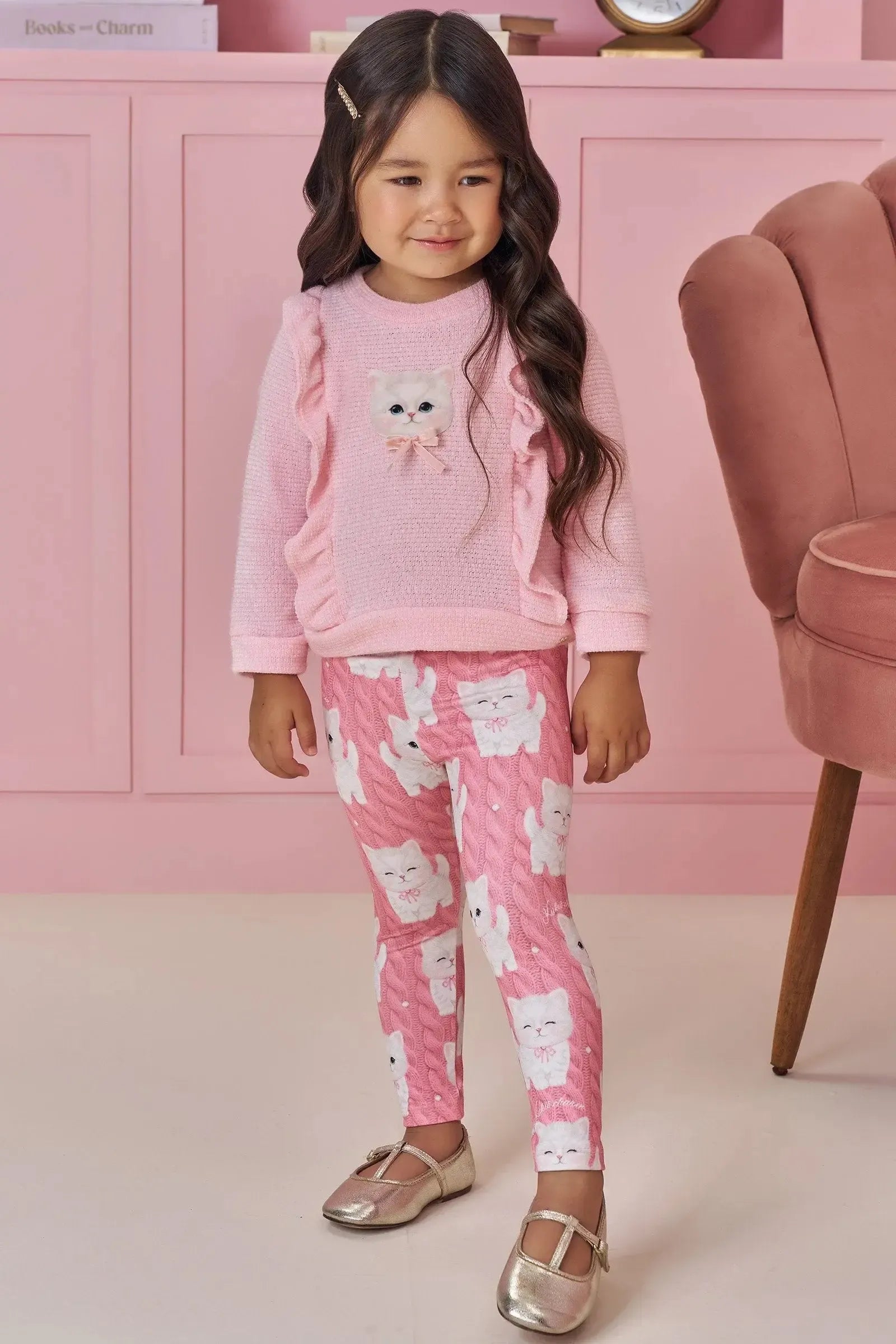 Conjunto de Blusão em Malha Tricot e Calça Legging em Termoskin Peluciado 94047 Kukiê Bebê Menina