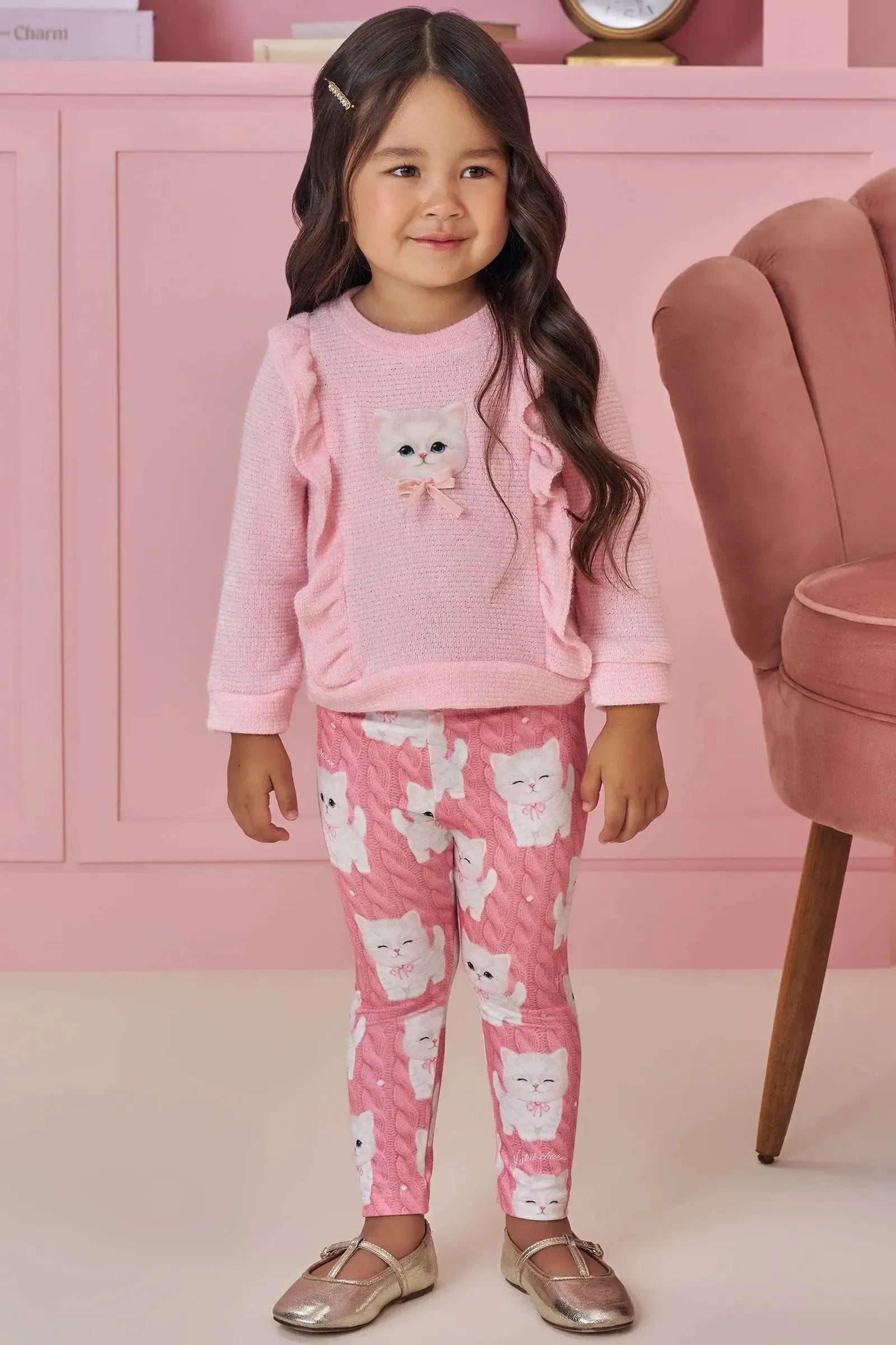 Conjunto de Blusão em Malha Tricot e Calça Legging em Termoskin Peluciado 94047 Kukiê Bebê Menina