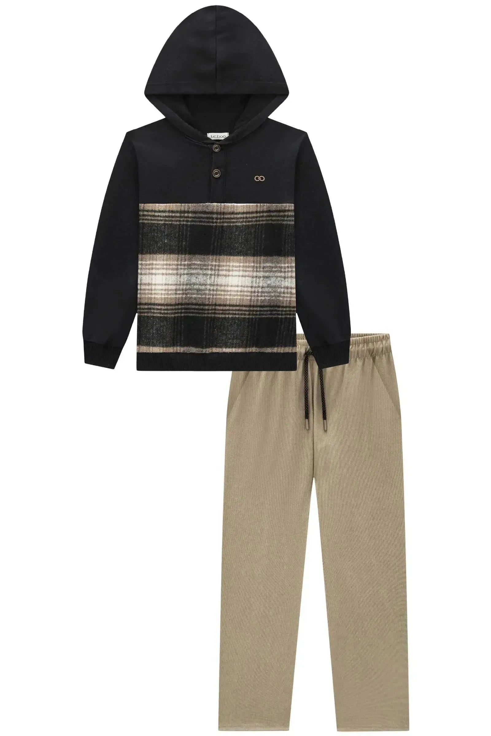 Conjunto de Blusão em Moletom com Flanela Xadrez e Calça em Cotton Jeans com Elastano 92098 LucBoo Infantil Menino