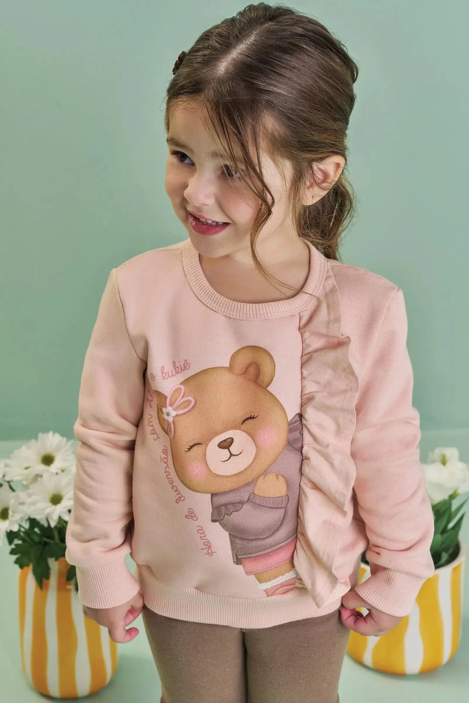 Conjunto de Blusão em Moletom com Pelúcia e Calça Legging em Canelado Comfy 90264 Kukiê Bebê Menina