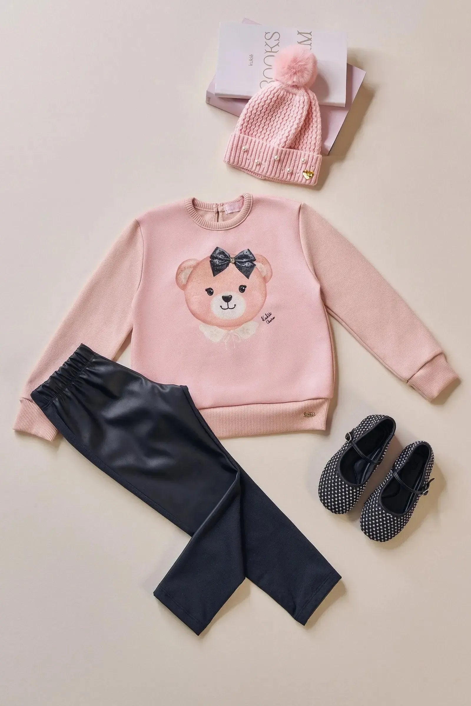 Conjunto de Blusão em Moletom com Pelúcia e Calça Legging em Couro Eco e Termoskin 92133 Kukiê Bebê Menina