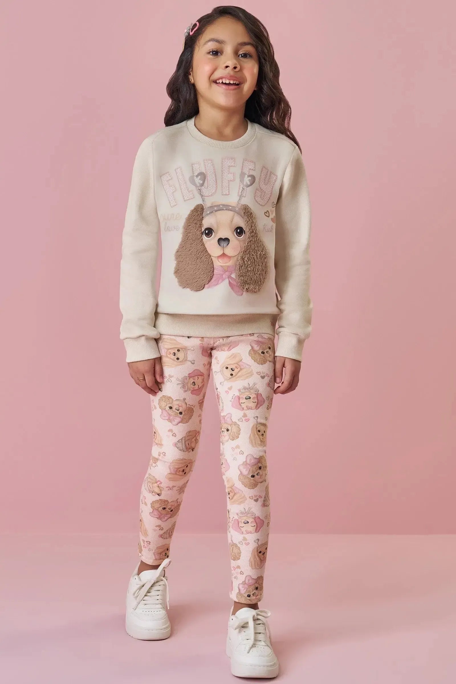 Conjunto de Blusão em Moletom com Pelúcia e Calça Legging em Fleece Luxo 90635 Kukiê Infantil Menina