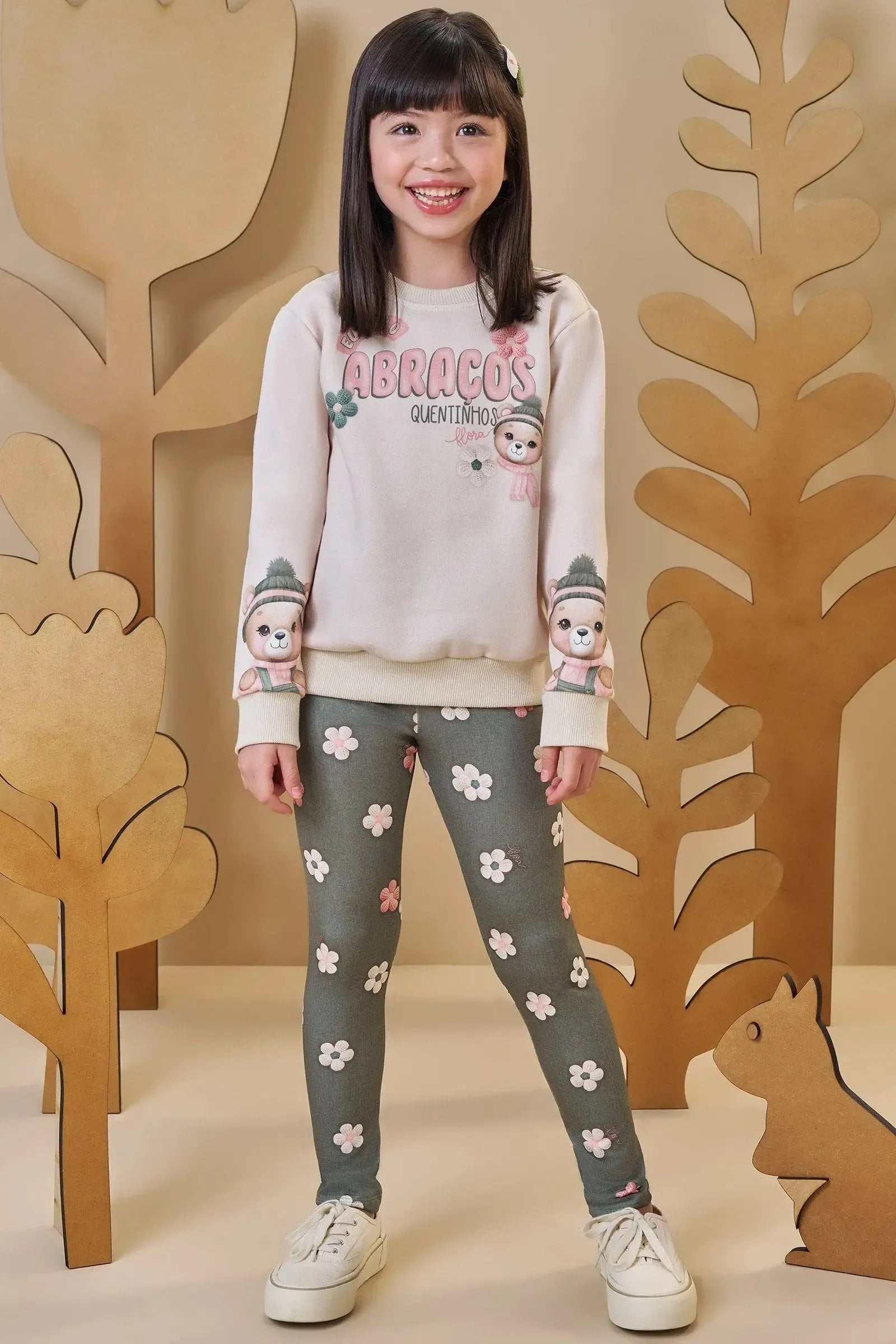 Conjunto de Blusão em Moletom com Pelúcia e Calça Legging em Termoskin Peluciado 89623 Infanti Infantil Menina