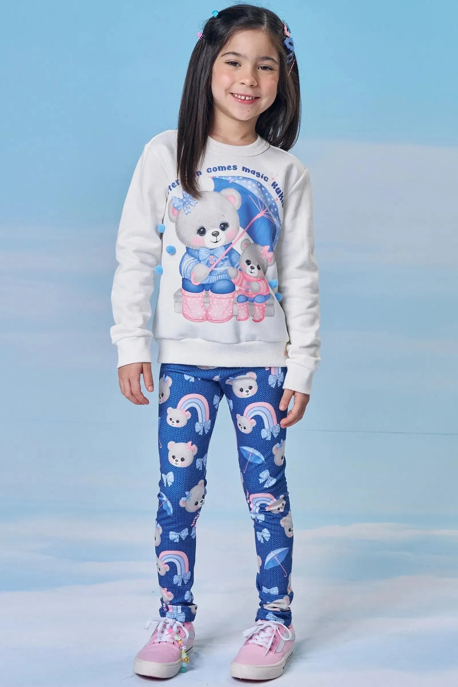 Conjunto de Blusão em Moletom com Pelúcia e Calça Legging em Termoskin Peluciado 90796 Kukiê Infantil Menina