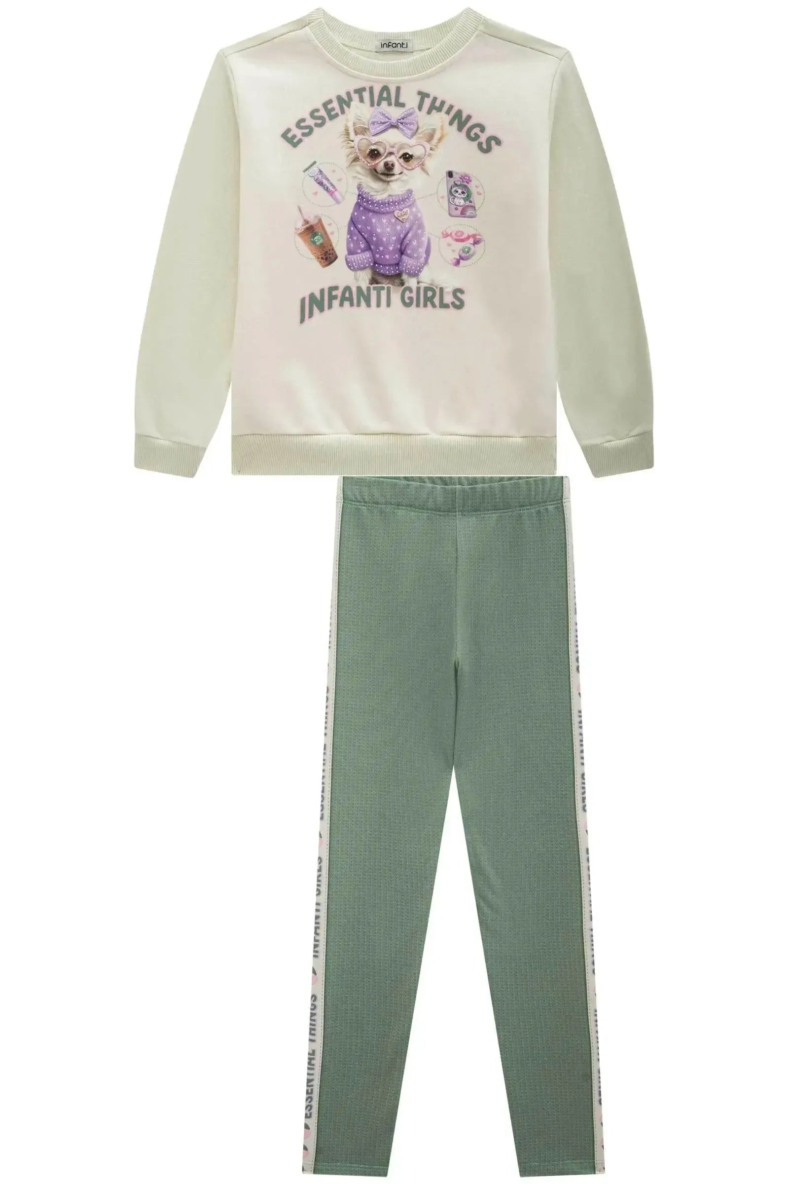 Conjunto de Blusão em Moletom com Pelúcia e Calça Legging em Termoskin Peluciado 90811 Infanti Infantil Menina