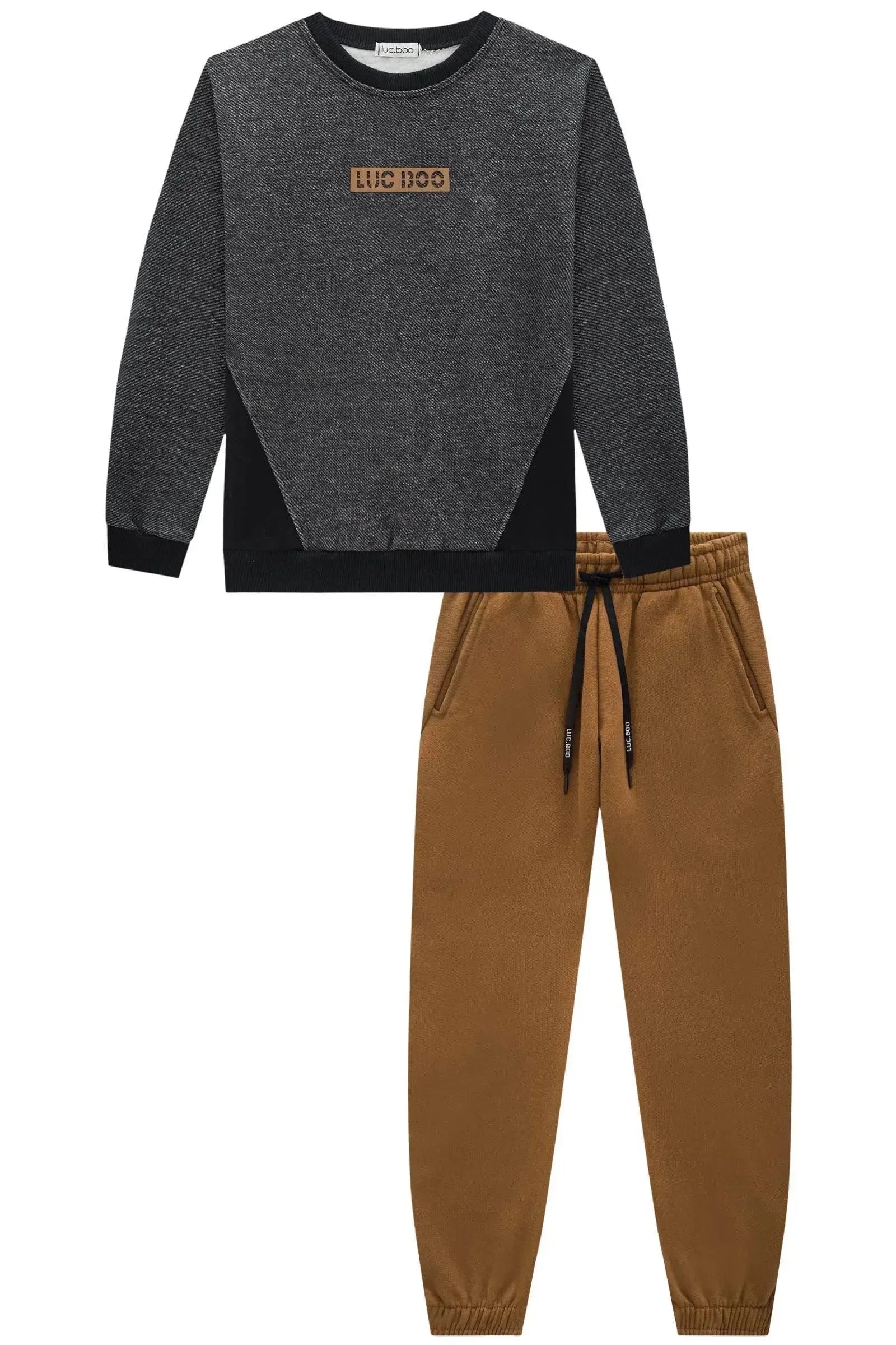 Conjunto de Blusão em Moletom Diagonal e Calça Jogger em Moletom com Pelúcia 89881 LucBoo Infantil Menino
