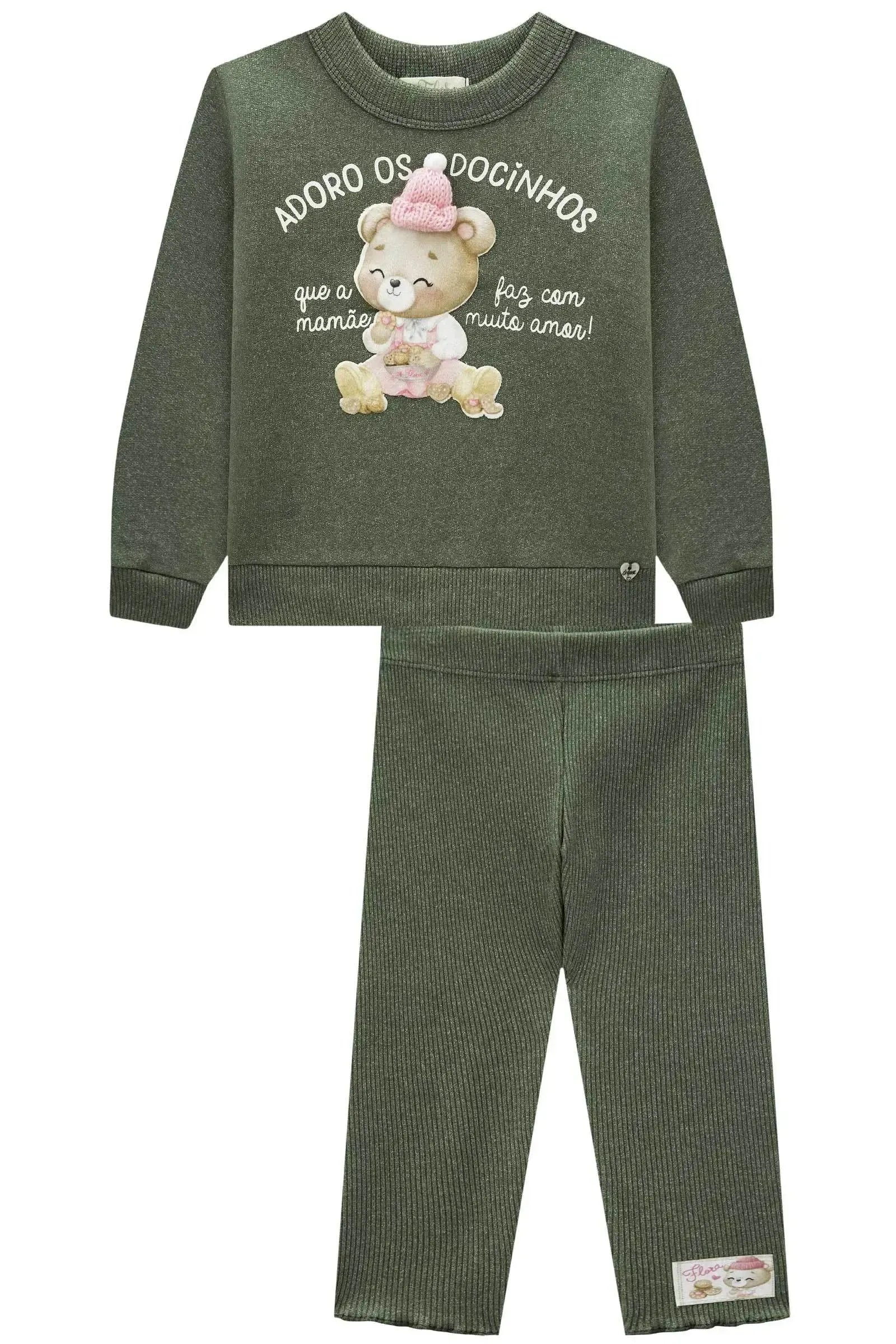 Conjunto de Blusão em Moletom Diferenciado com Pelúcia e Calça Legging em Ribana Canelada 89646 Infanti Bebê Menina