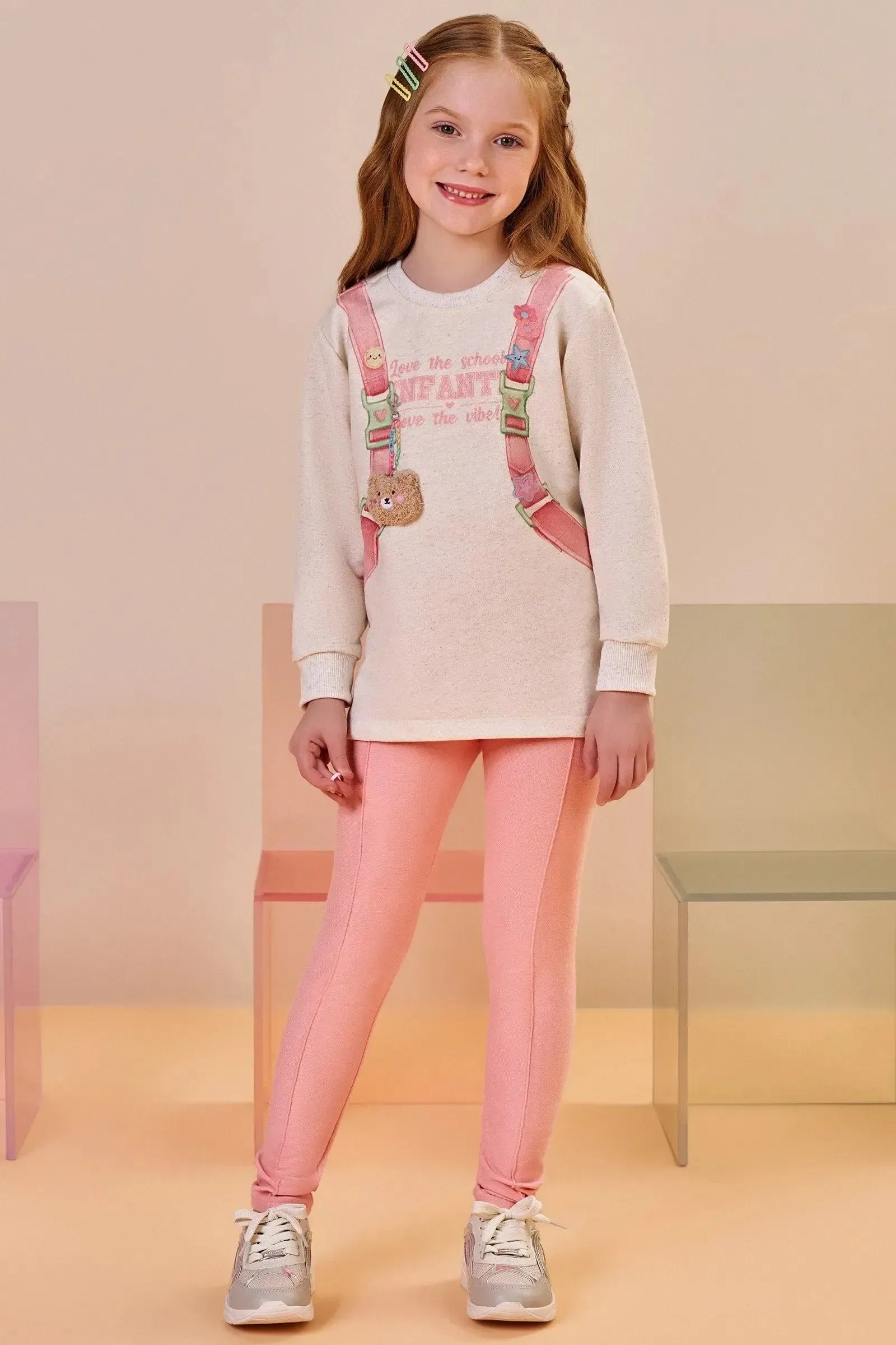 Conjunto de Blusão em Moletom Linho sem Pelúcia e Calça Legging em Moletwill 91808 Infanti Infantil Menina