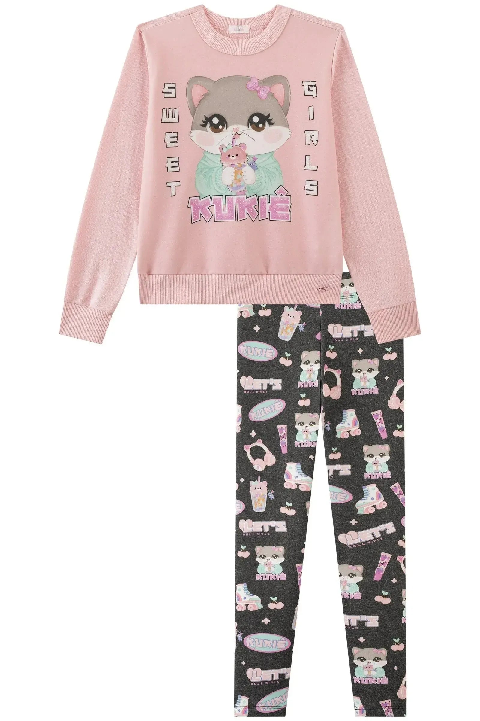 Conjunto de Blusão em Moletom sem Pelúcia e Calça Legging em Fly Tech 90805 Kukiê Infantil Menina