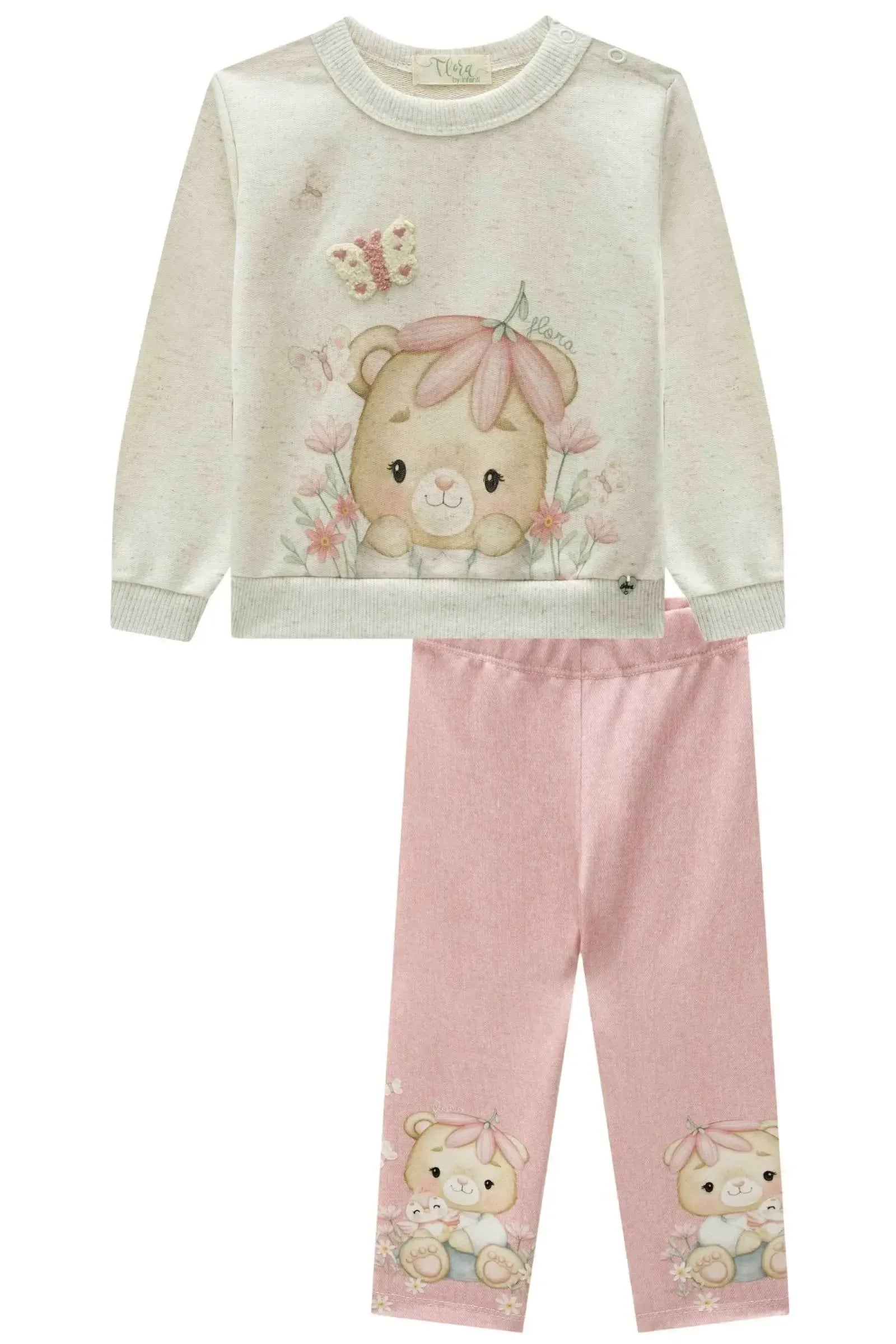 Conjunto de Blusão em Moletom sem Pelúcia e Calça Legging em Molecotton 90699 Infanti Bebê Menina