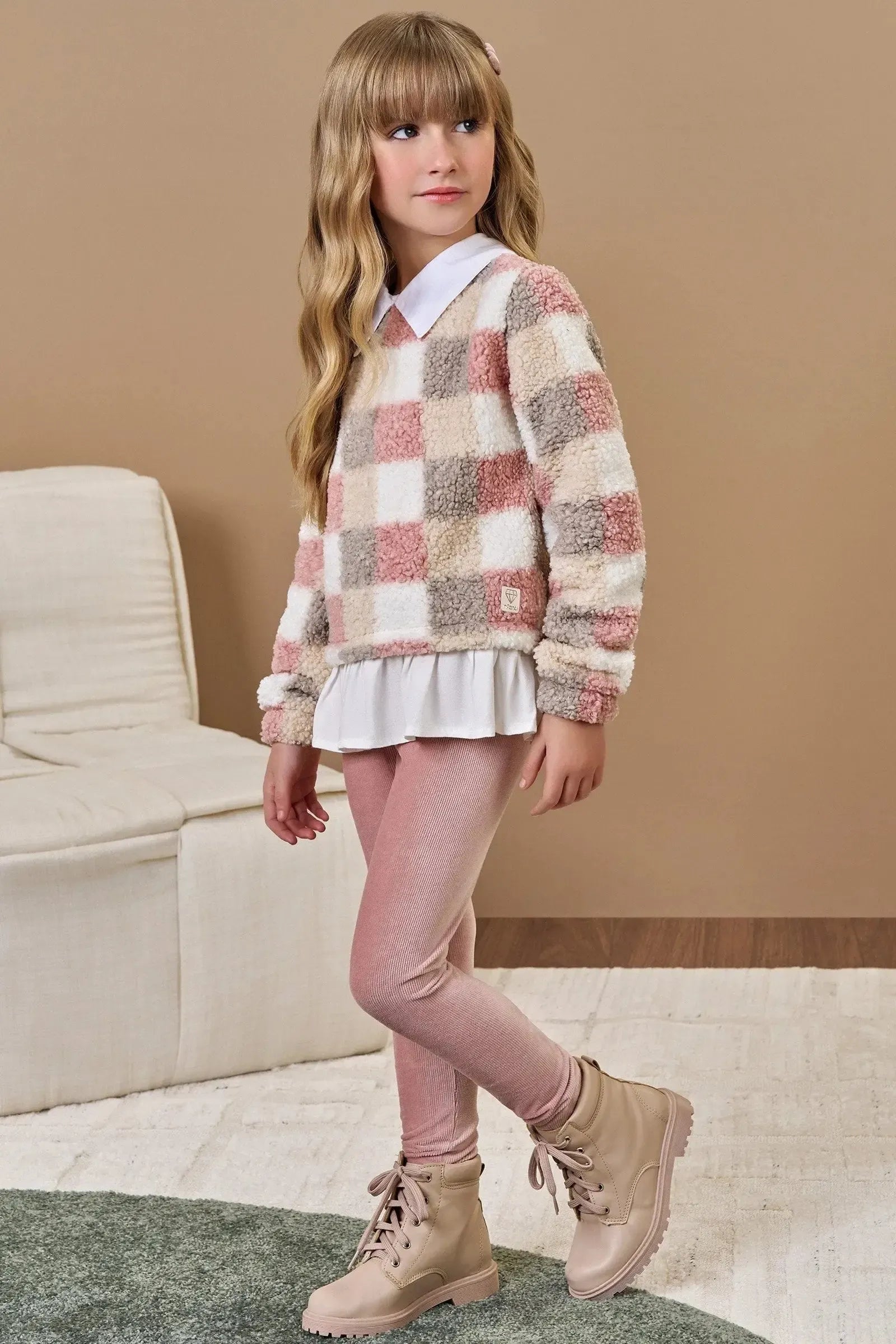 Conjunto de Blusão em Pelo Carneirinho e Calça Legging em Malha Cotelê 90794 Infanti Infantil Menina