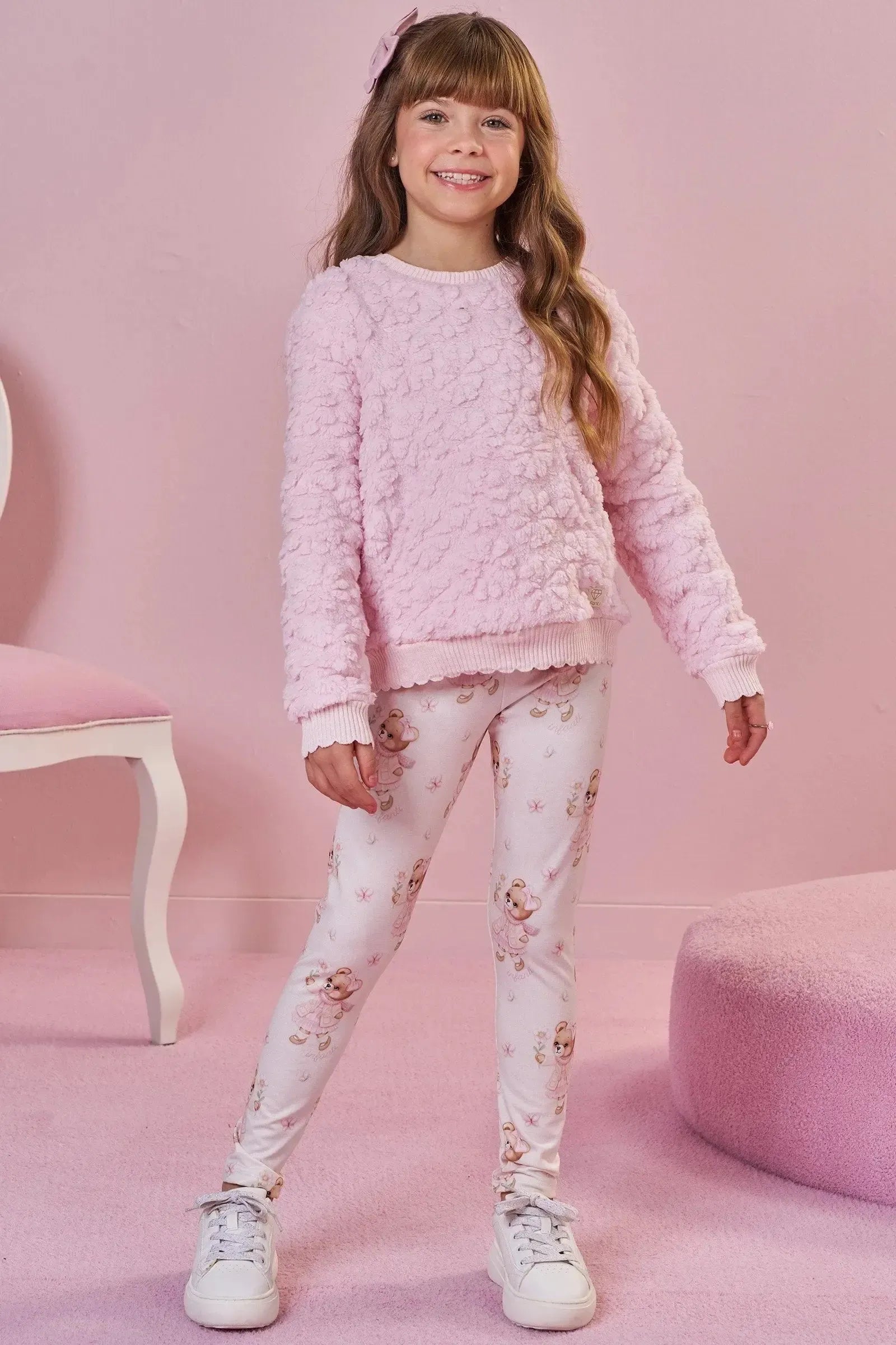 Conjunto de Blusão em Pelo Flores e Calça Legging em Termoskin Peluciado 92143 Infanti Infantil Menina