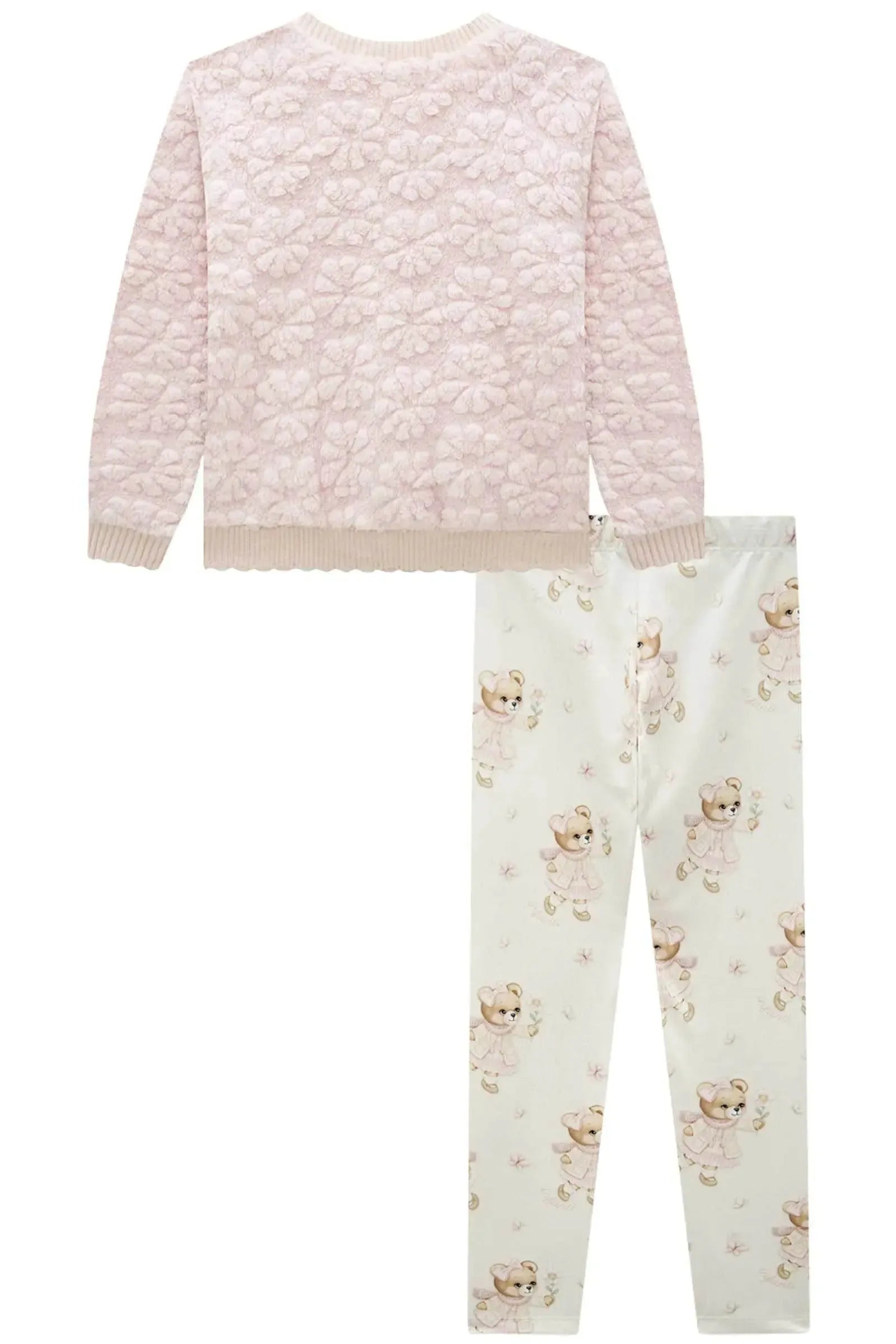 Conjunto de Blusão em Pelo Flores e Calça Legging em Termoskin Peluciado 92143 Infanti Infantil Menina