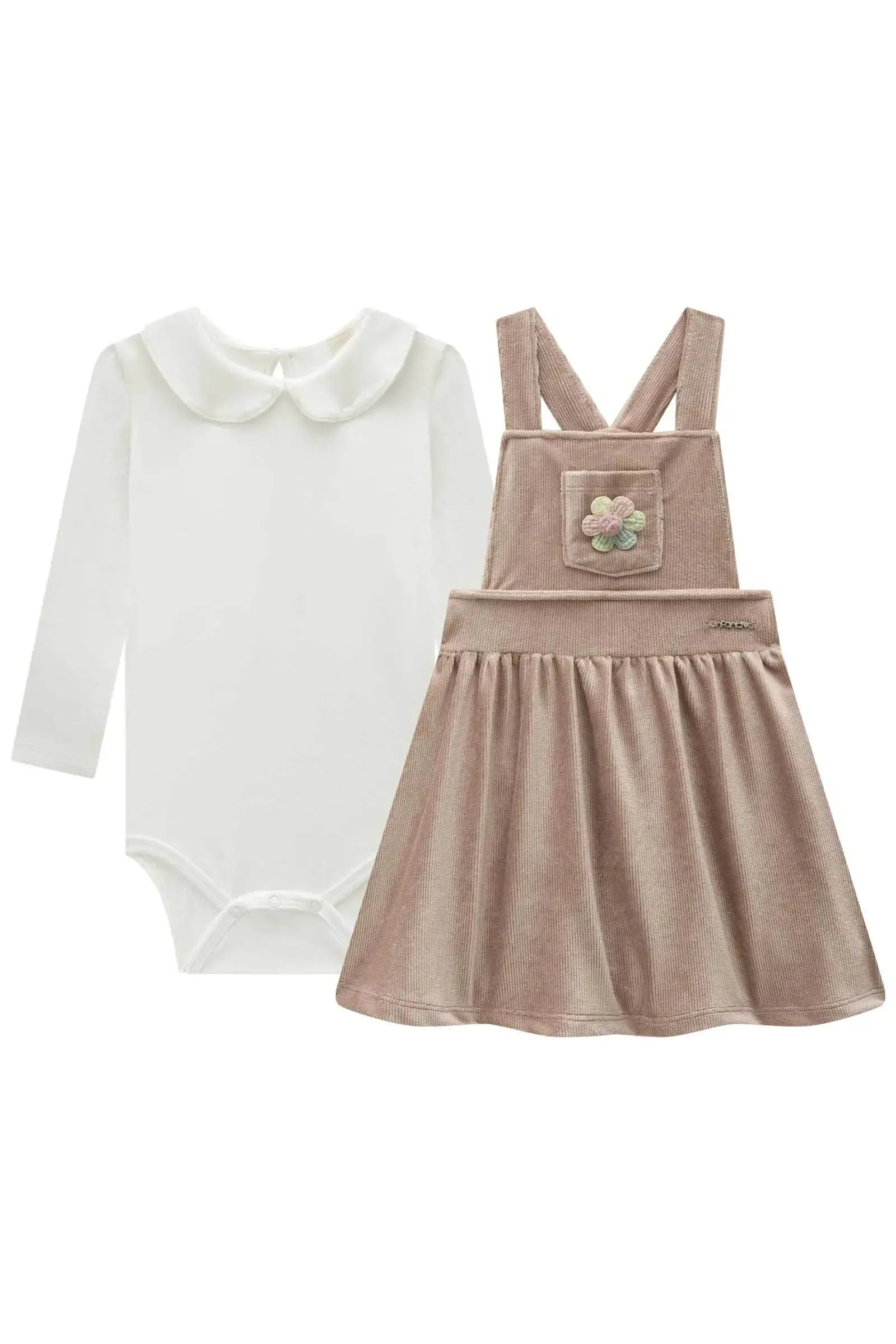 Conjunto de Body em Cotton com Salopete em Malha Cotelê 89933 Infanti Bebê Menina