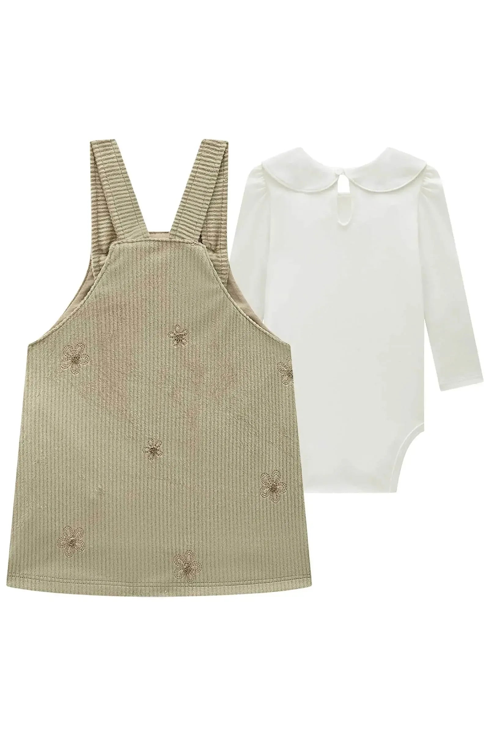 Conjunto de Body em Cotton com Salopete em Malha Veludo Cotelê Bordado 93484 Infanti Bebê Menina