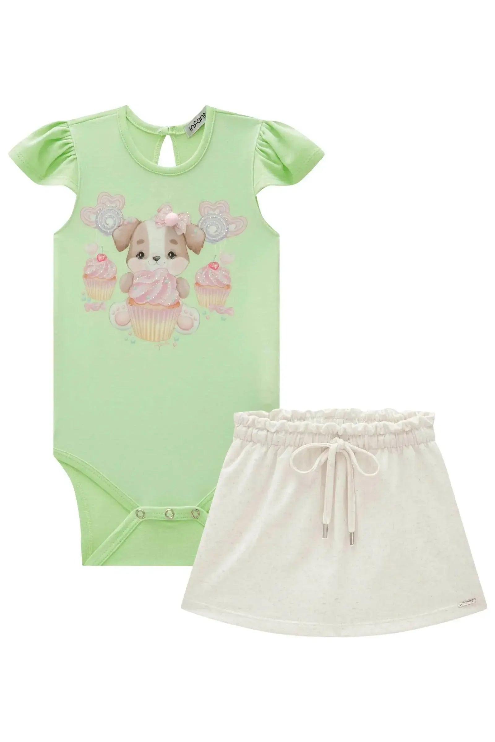 Conjunto de Body em Cotton com Short Saia em Molevisco 84142 Infanti Bebê Menina