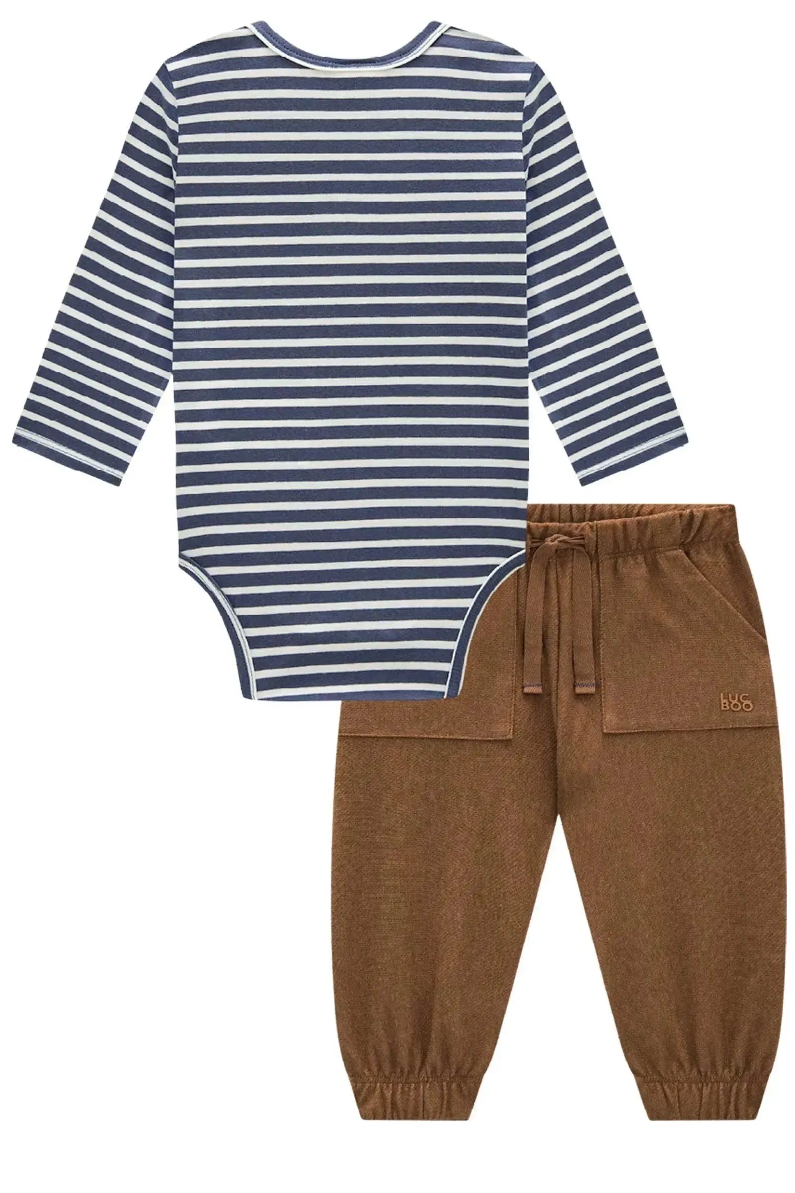 Conjunto de Body em Cotton e Calça em Cotton Jeans com Elastano 89545 LucBoo Bebê Menino