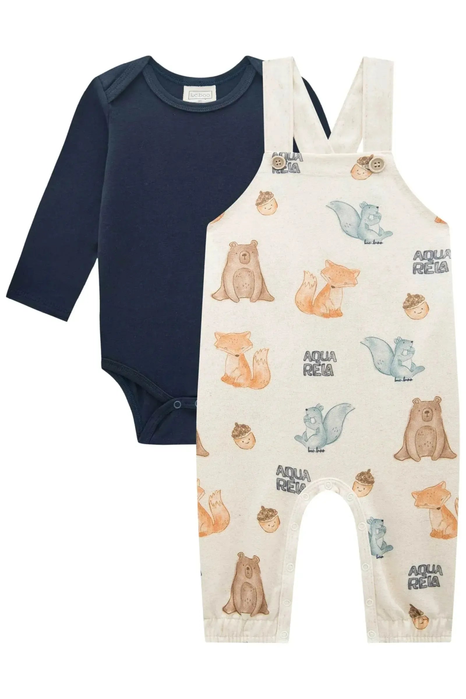 Conjunto de Body em Cotton e Jardineira em Moletom Linho sem Pelúcia 91660 LucBoo Bebê Menino