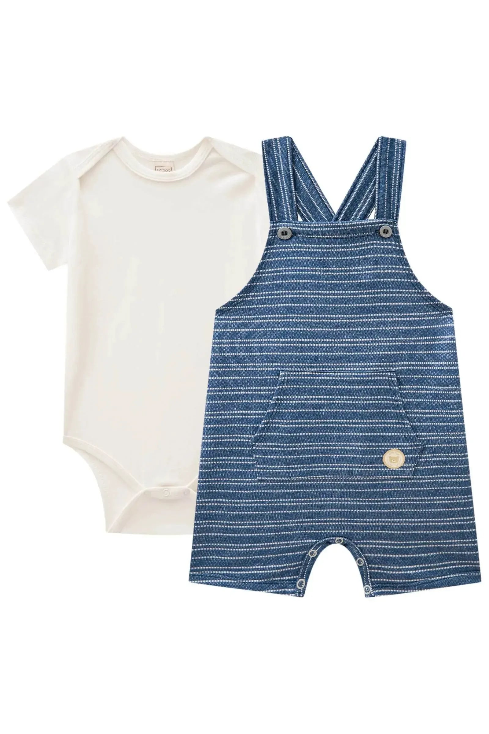Conjunto de Body em Cotton e Jardineira em Moletom Listrado sem Pelúcia 85186 LucBoo Bebê Menino