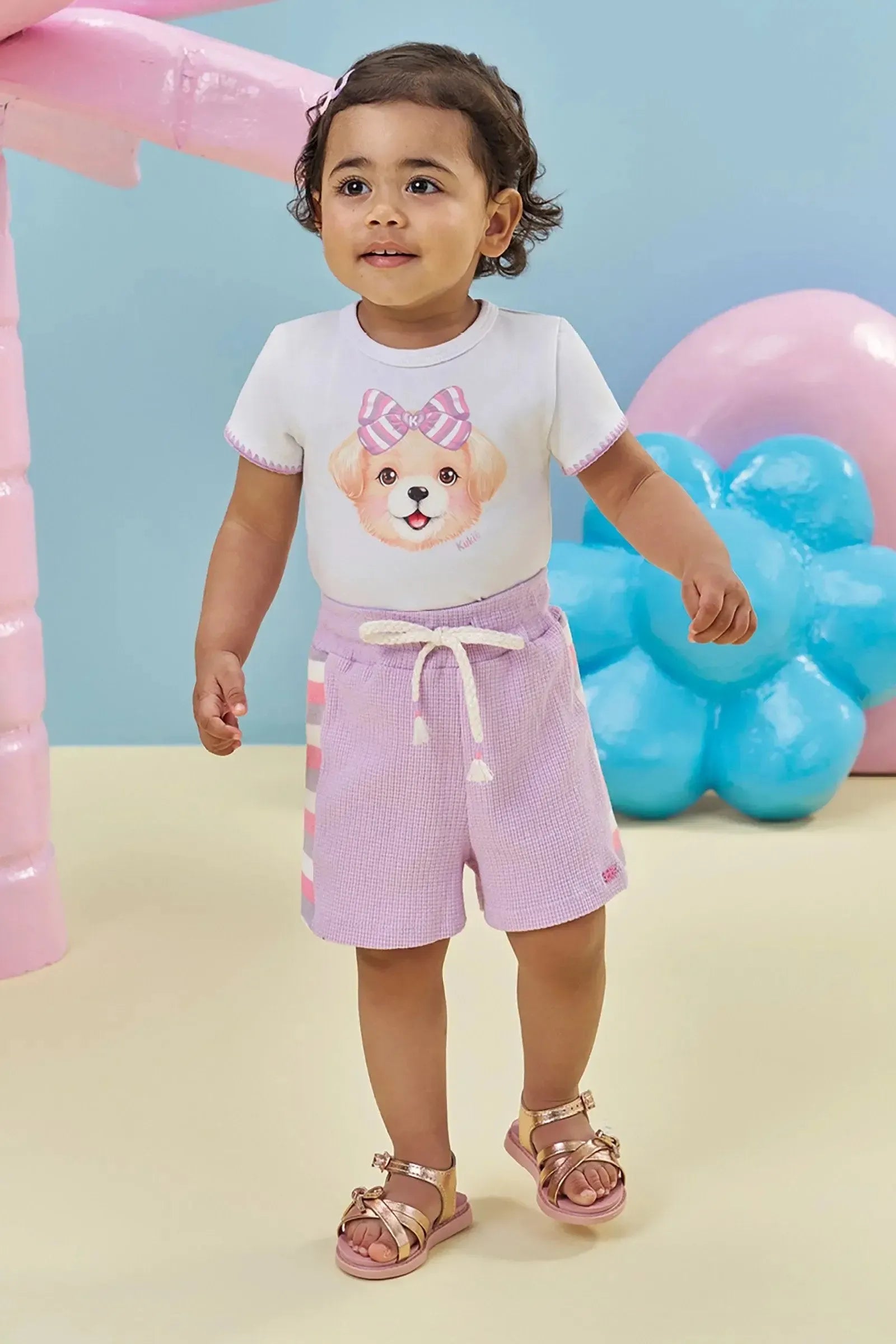 Conjunto de Body em Cotton e Shorts em Malha Waffle 95351 Kukiê Bebê Menina