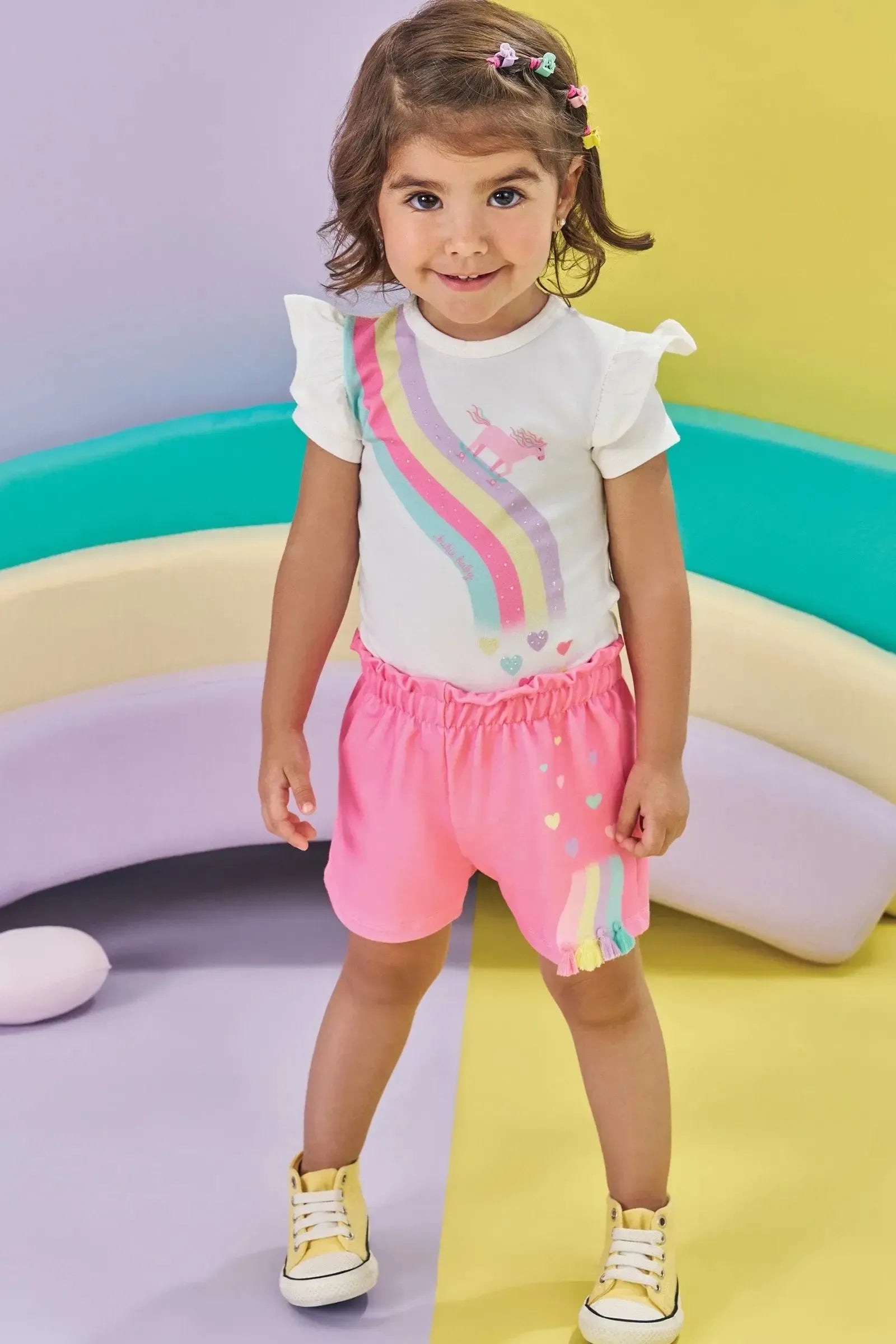 Conjunto de Body em Cotton e Shorts em Molecotton 85414 Kukiê Bebê Menina