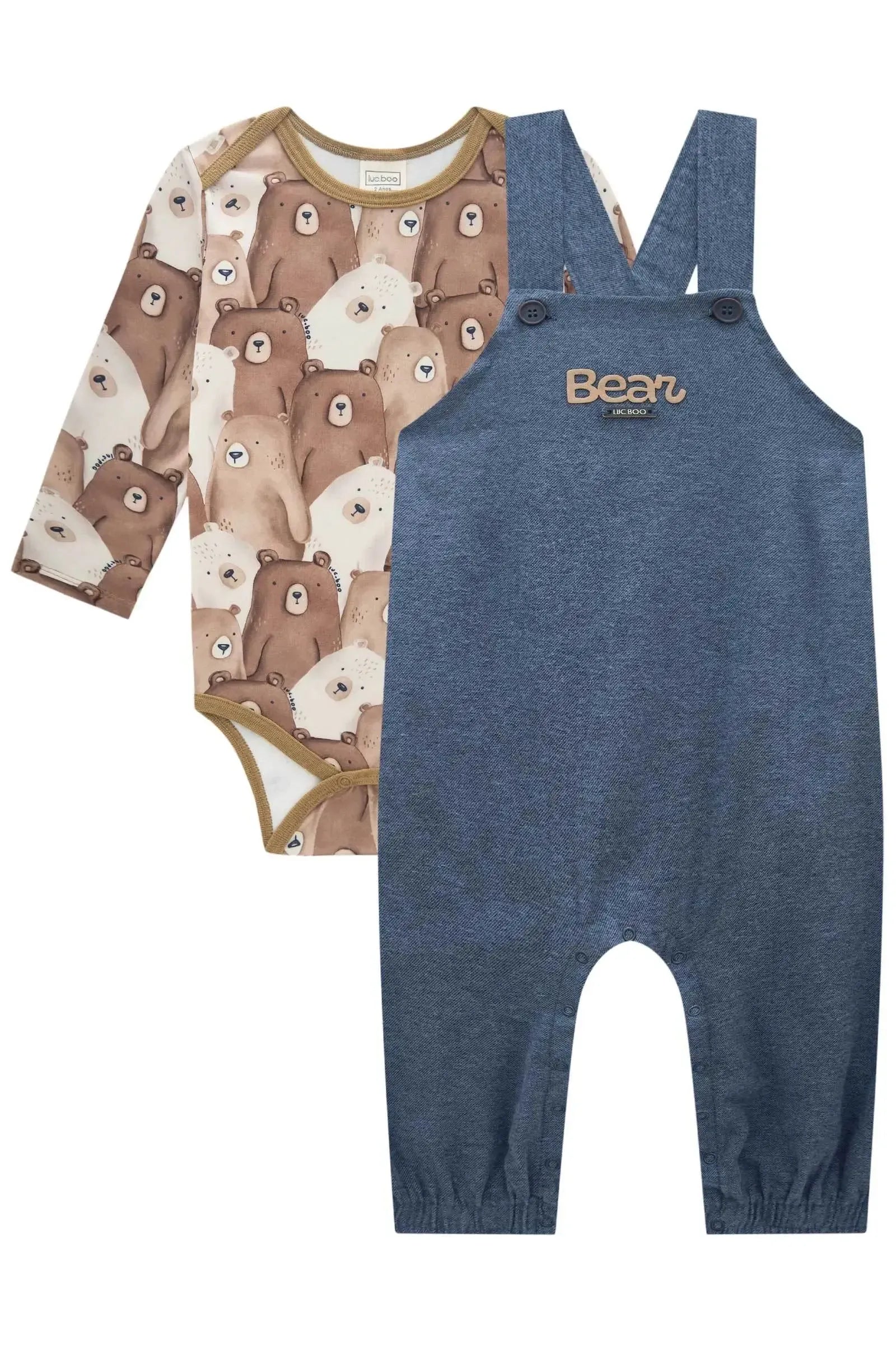 Conjunto de Body em Malha Comfy e Jardineira em Flanela Melange 92070 LucBoo Bebê Menino