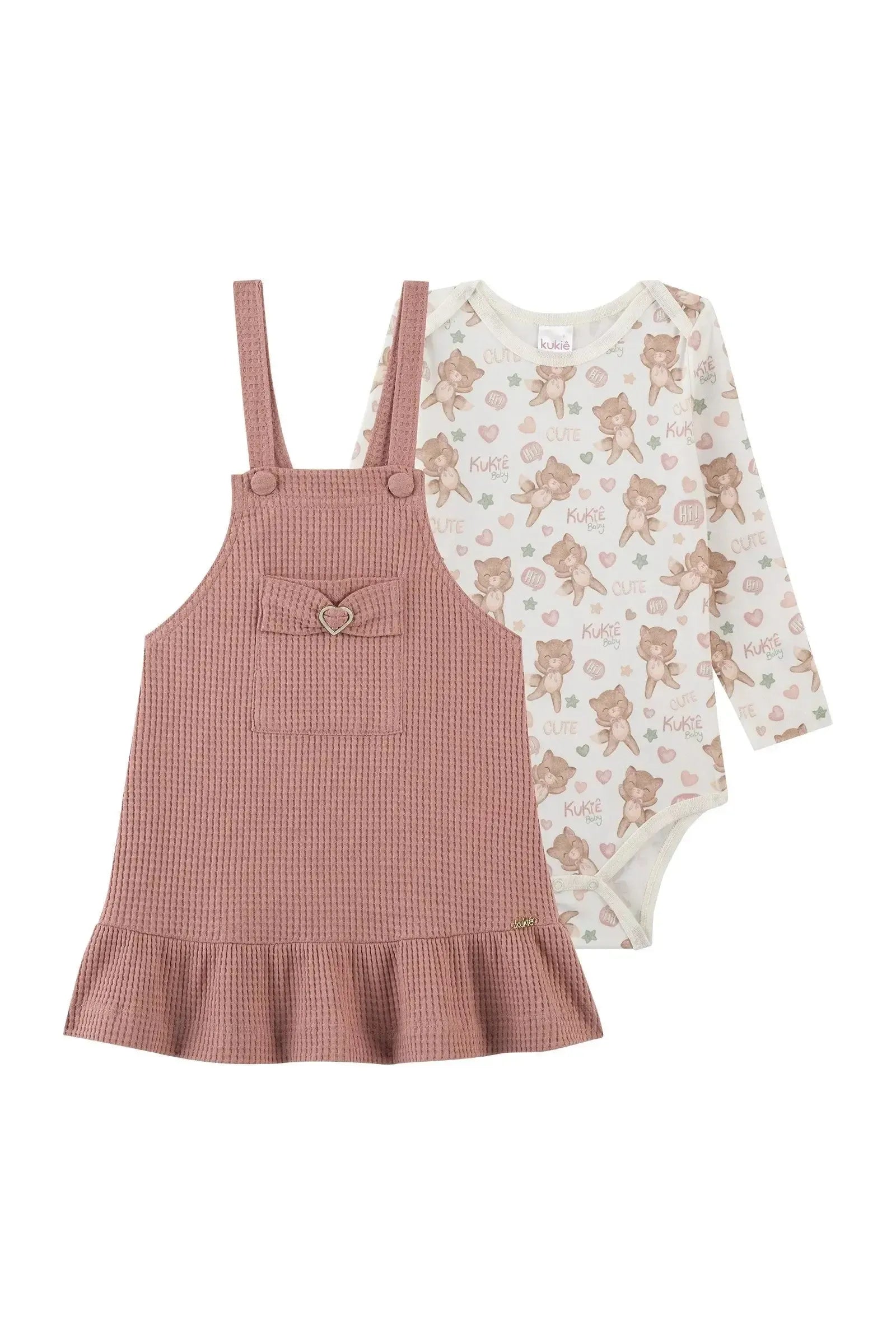 Conjunto de Body em Malha Comfy e Salopete em Malha Big Waffle 91883 Kukiê Bebê Menina