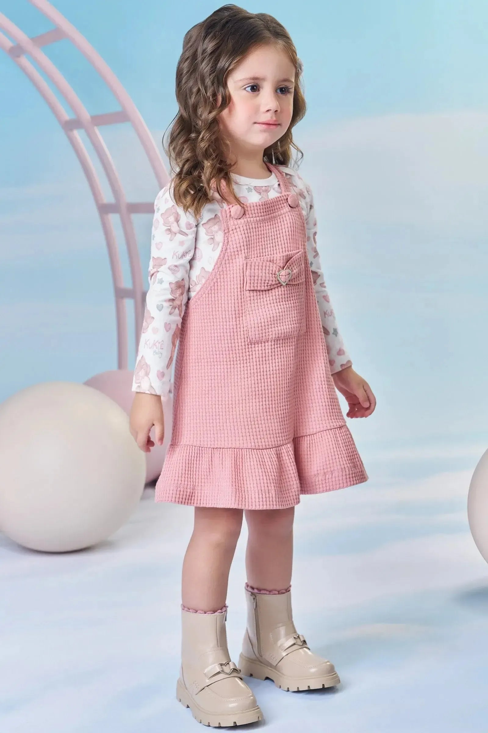 Conjunto de Body em Malha Comfy e Salopete em Malha Big Waffle 91883 Kukiê Bebê Menina