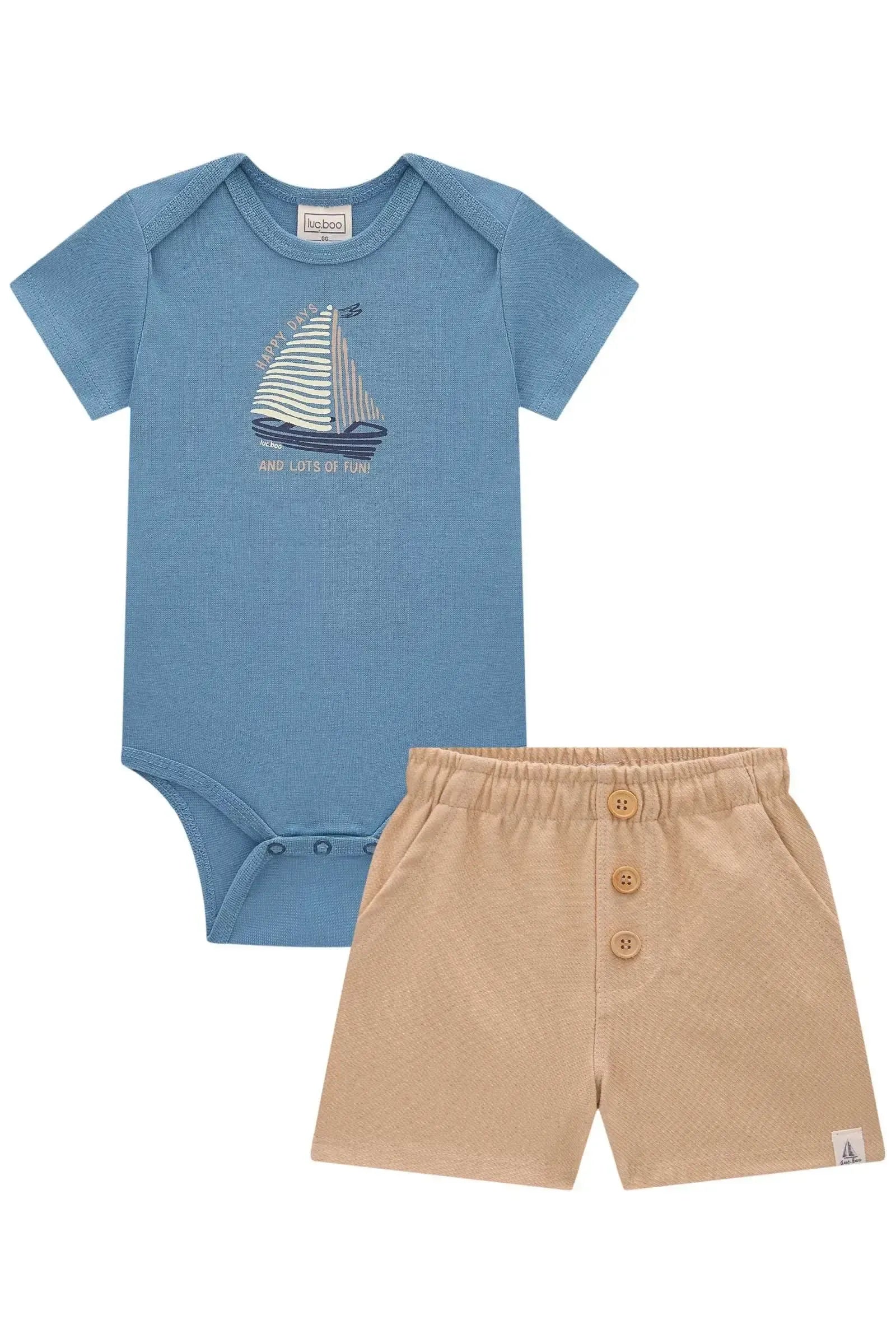 Conjunto de Body em Ribana 1x1 e Bermuda em Cotton Jeans com Elastano 82925 LucBoo Bebê Menino