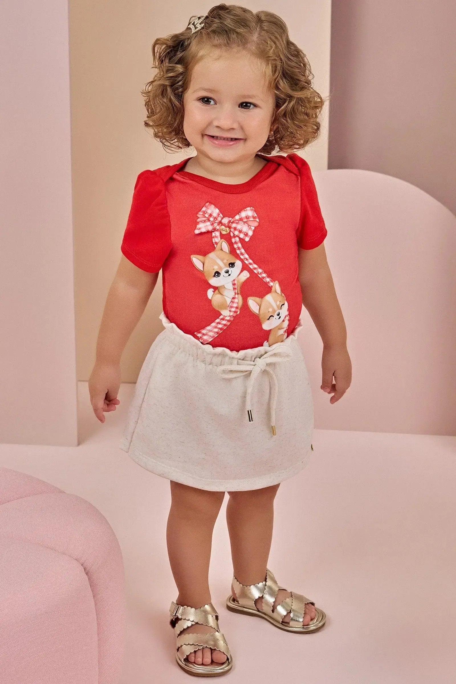 Conjunto de Body em Ribana Canelada com Short Saia em Molevisco 88887 Infanti Bebê Menina