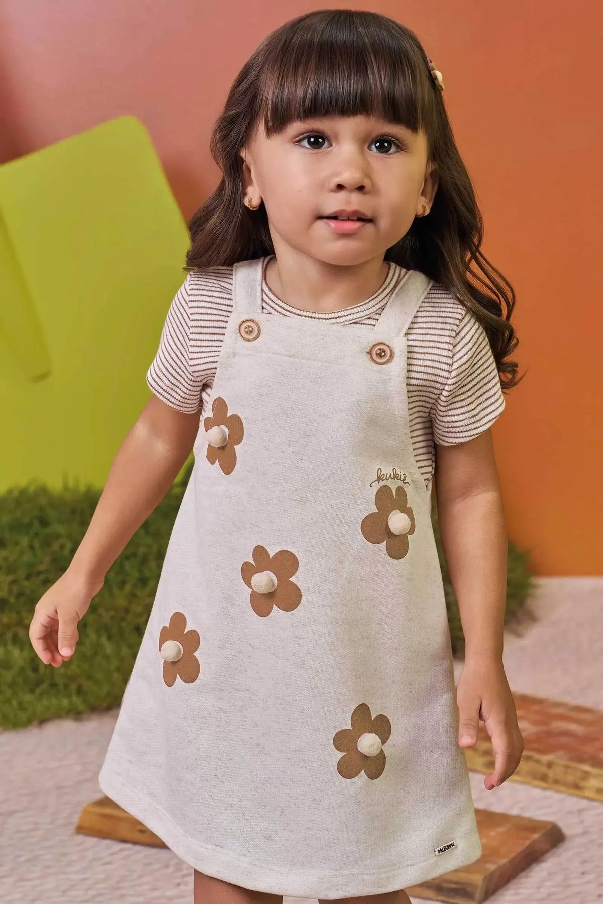 Conjunto de Body em Ribana Canelada e Salopete em Moletom Linho 99710 Kukiê Bebê Menina