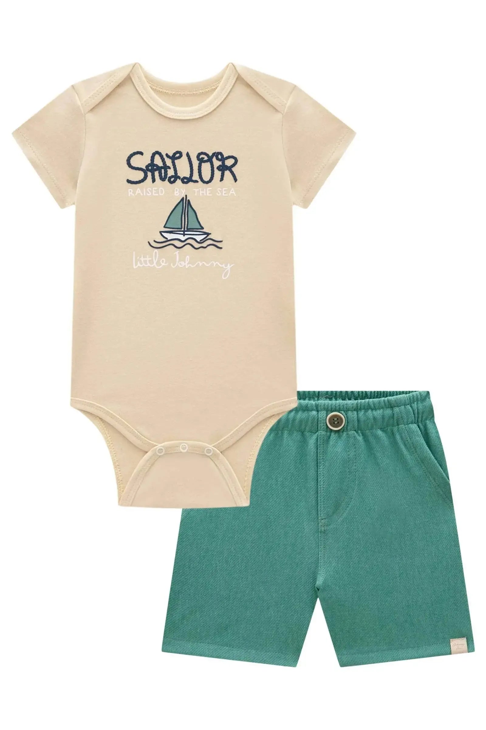 Conjunto de Body em Suedine e Bermuda em Cotton Jeans com Elastano 95155 Johnny Fox Bebê Menino