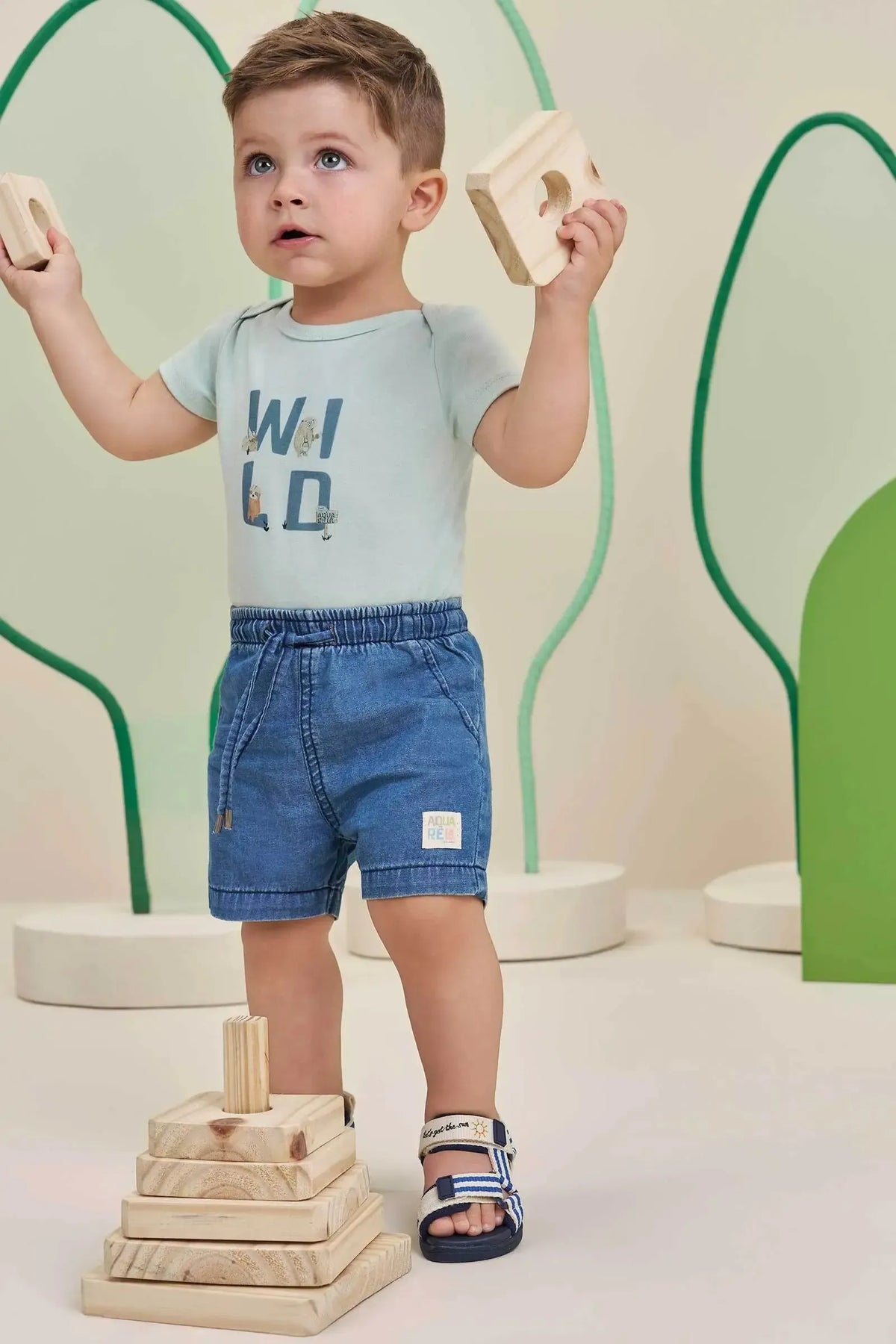 Conjunto de Body em Suedine e Bermuda em Jeans Teca 98124 LucBoo Bebê Menino