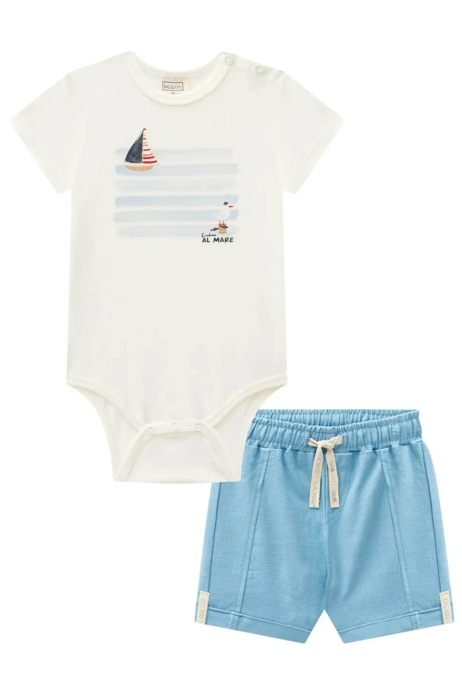 Conjunto de Body em Suedine e Bermuda em Linho Santorine com Elastano 95462 LucBoo Bebê Menino