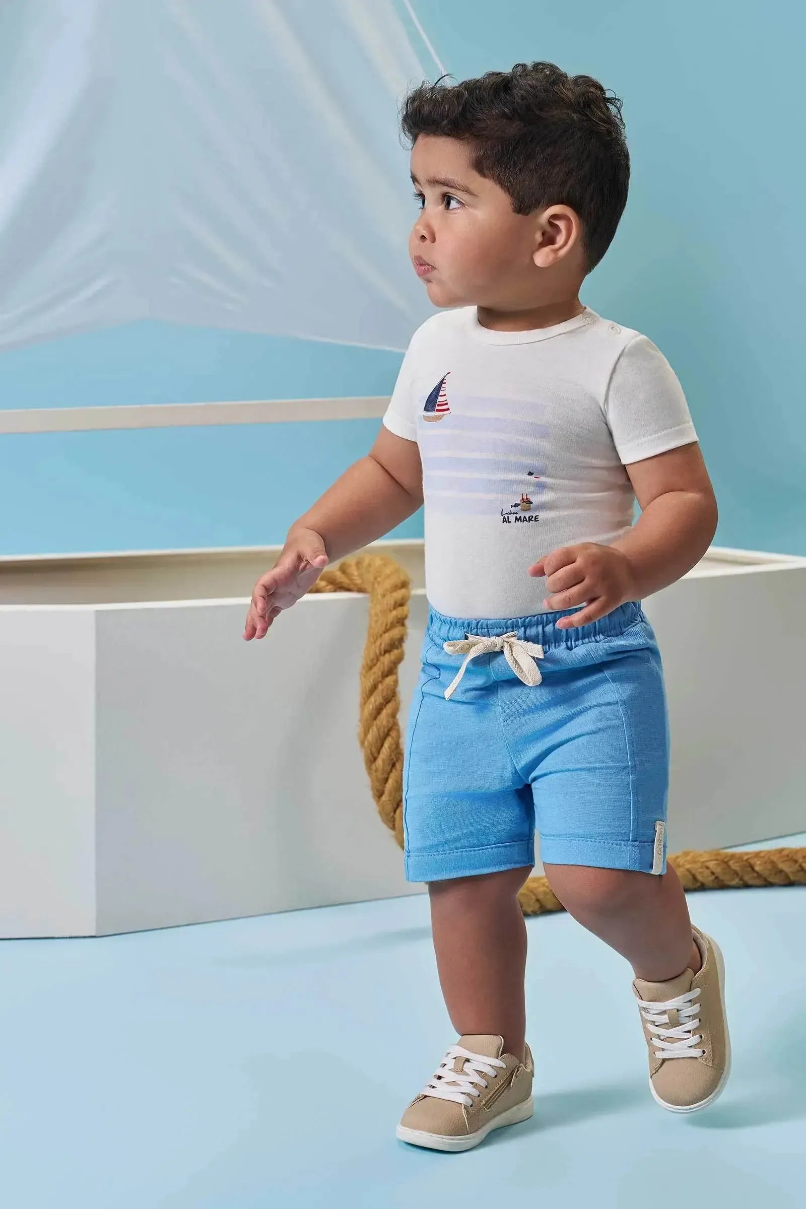 Conjunto de Body em Suedine e Bermuda em Linho Santorine com Elastano 95462 LucBoo Bebê Menino