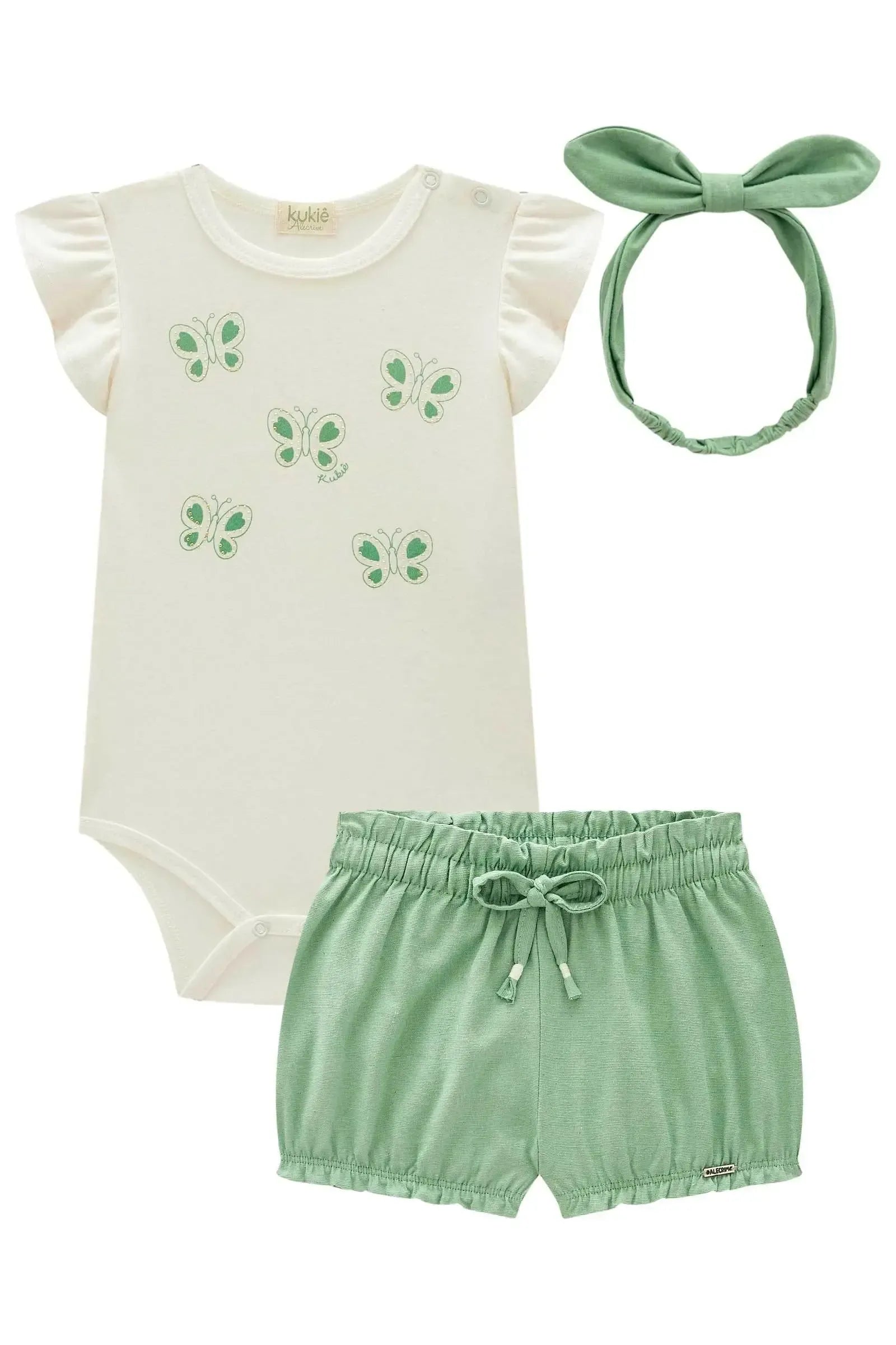 Conjunto de Body em Suedine e Shorts em Linho Santorini com Elastano (Acompanha Faixa) 99686 Kukiê Bebê Menina