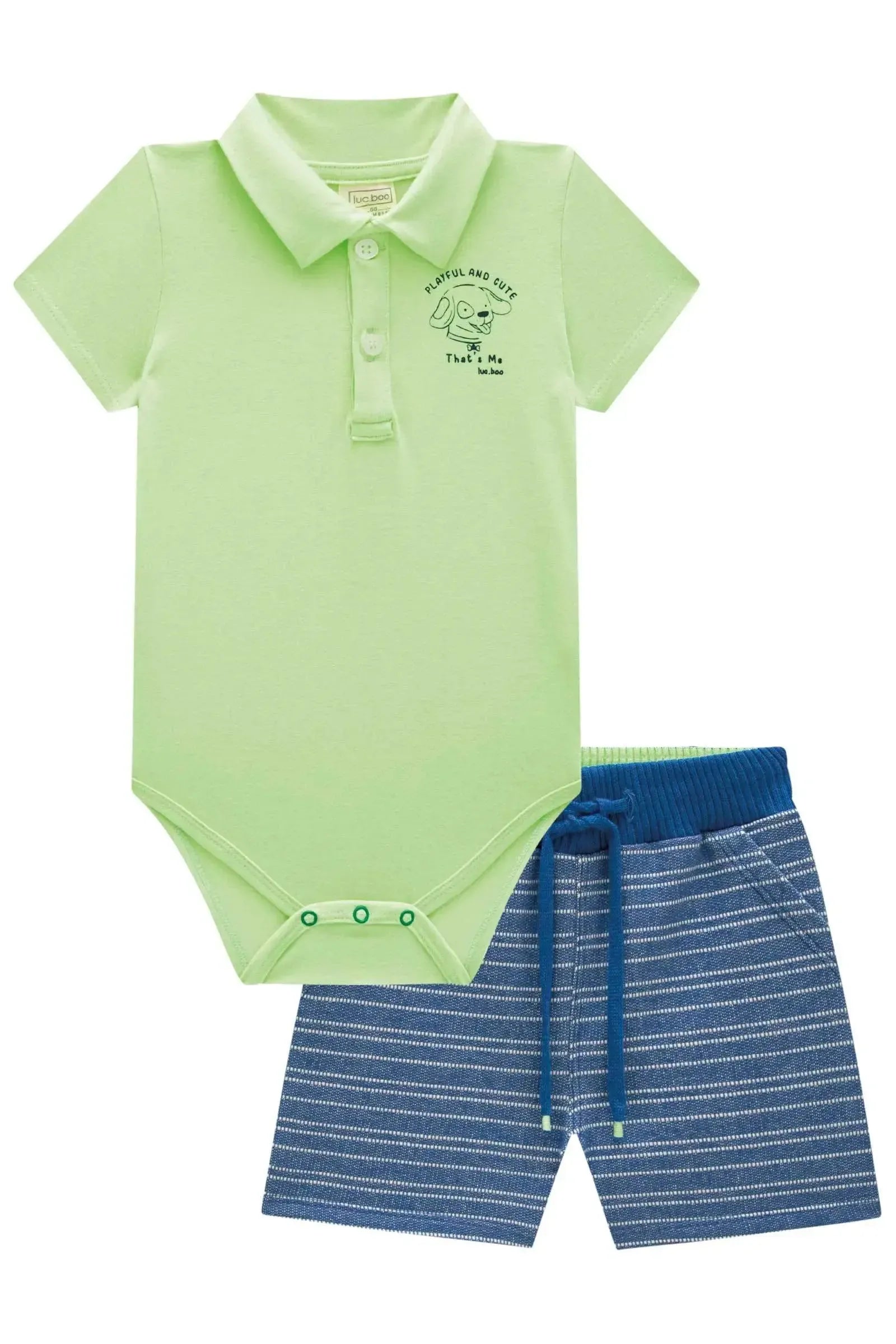 Conjunto de Body Polo em Cotton e Bermuda em Moletom Listrado sem Pelúcia 84799 LucBoo Bebê Menino