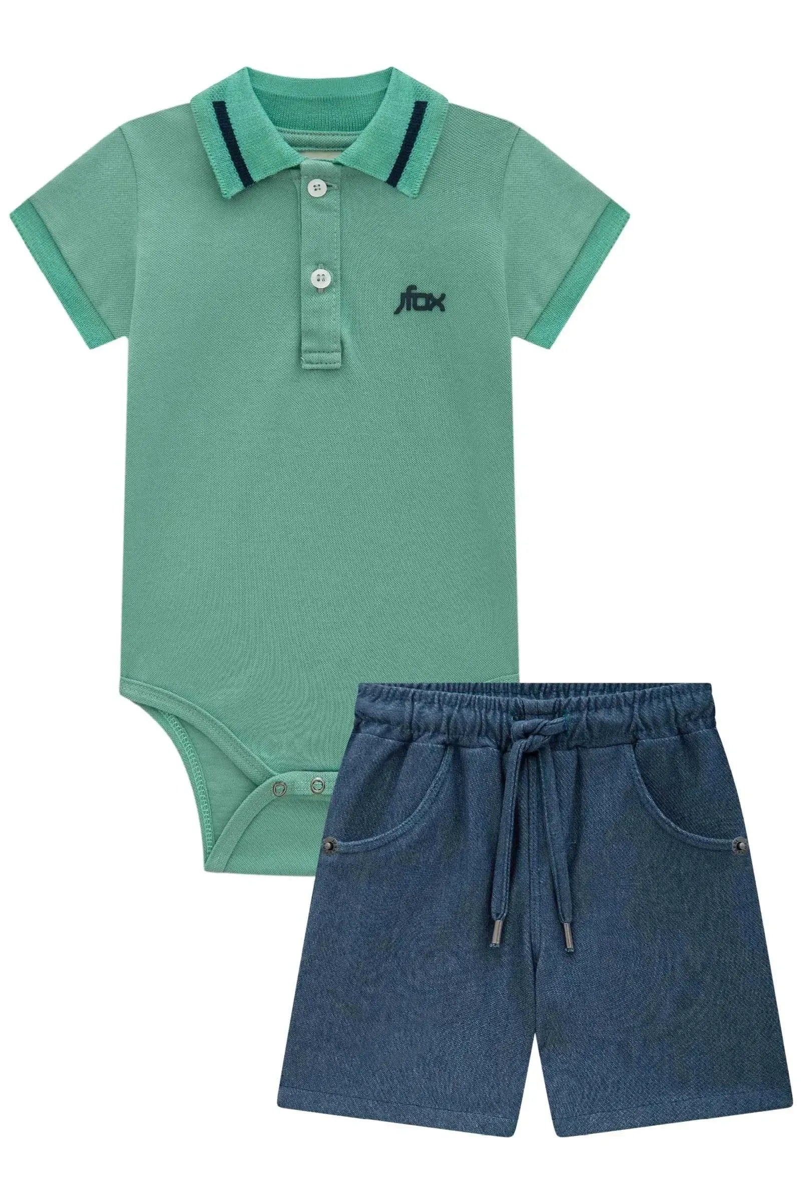Conjunto de Body Polo em Piquet com Elastano e Bermuda em Cotton Jeans com Elastano 84690 Johnny Fox Bebê Menino