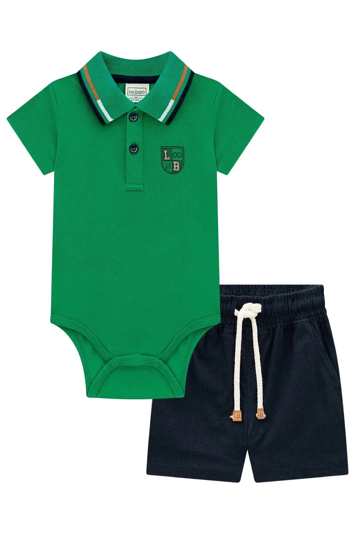 Conjunto de Body Polo em Piquet com Elastano e Bermuda em Linho Santorine com Elastano 98005 LucBoo Bebê Menino