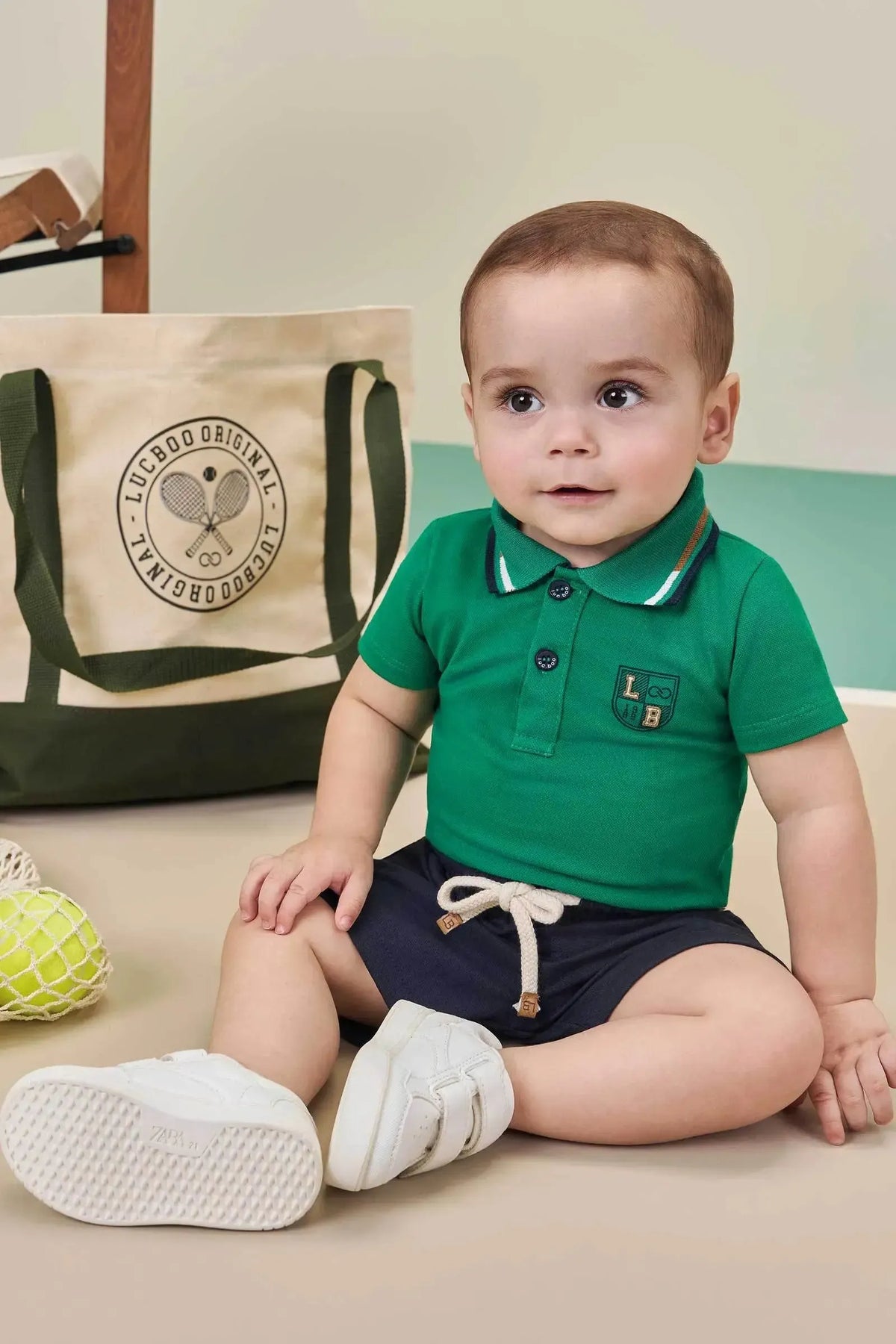 Conjunto de Body Polo em Piquet com Elastano e Bermuda em Linho Santorine com Elastano 98005 LucBoo Bebê Menino