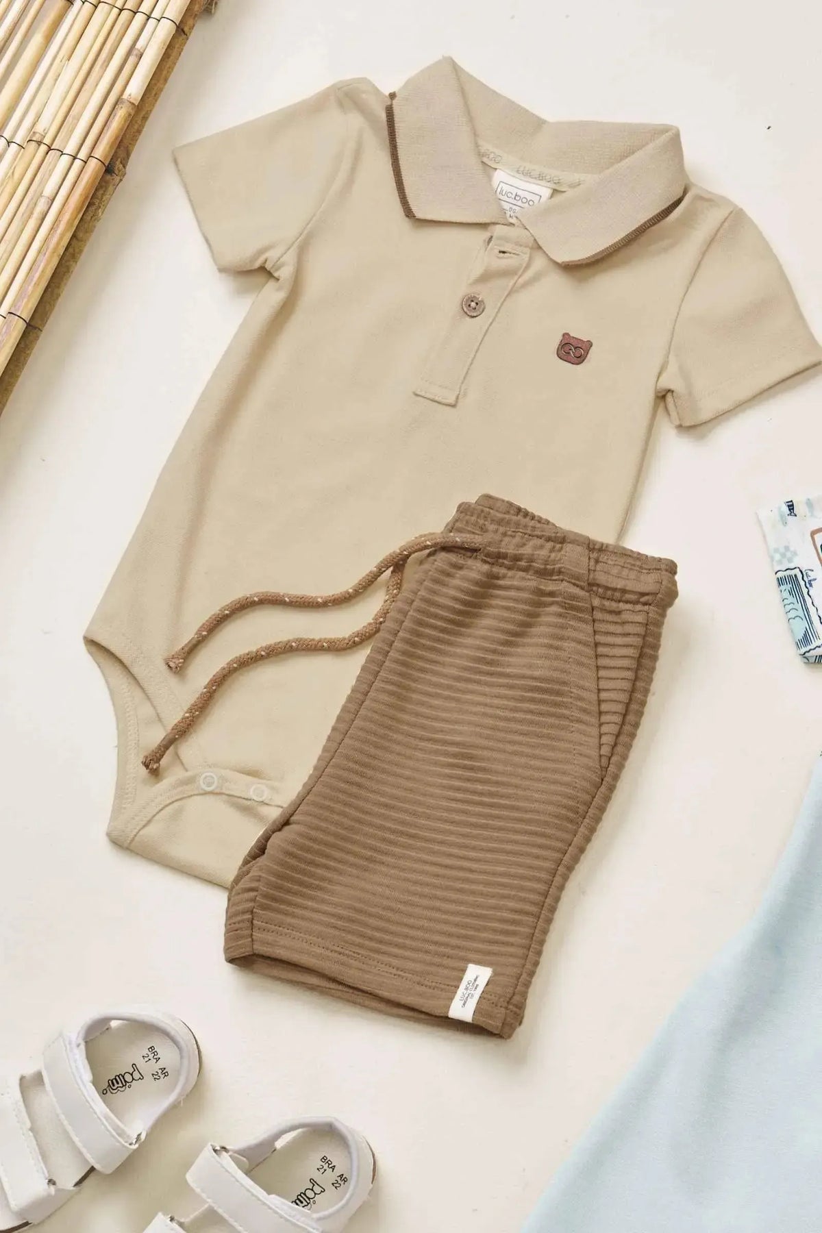 Conjunto de Body Polo em Piquet com Elastano e Bermuda em Moletom Relevo 98022 LucBoo Bebê Menino