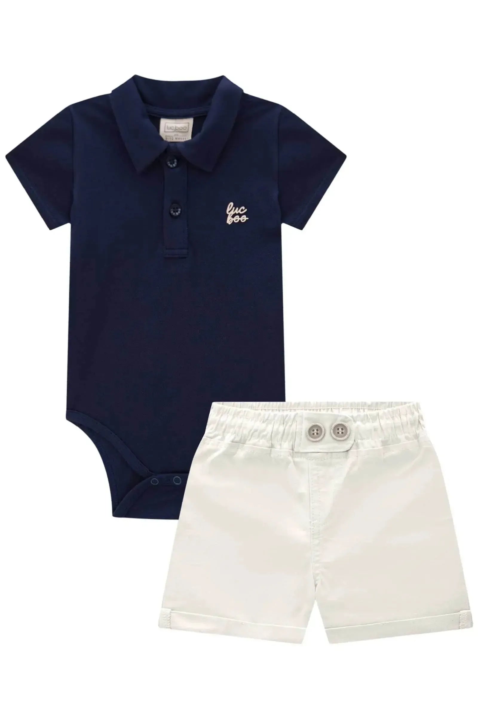 Conjunto de Body Polo em Piquet com Elastano e Bermuda em Sarja Caribe com Elastano 83170 LucBoo Bebê Menino