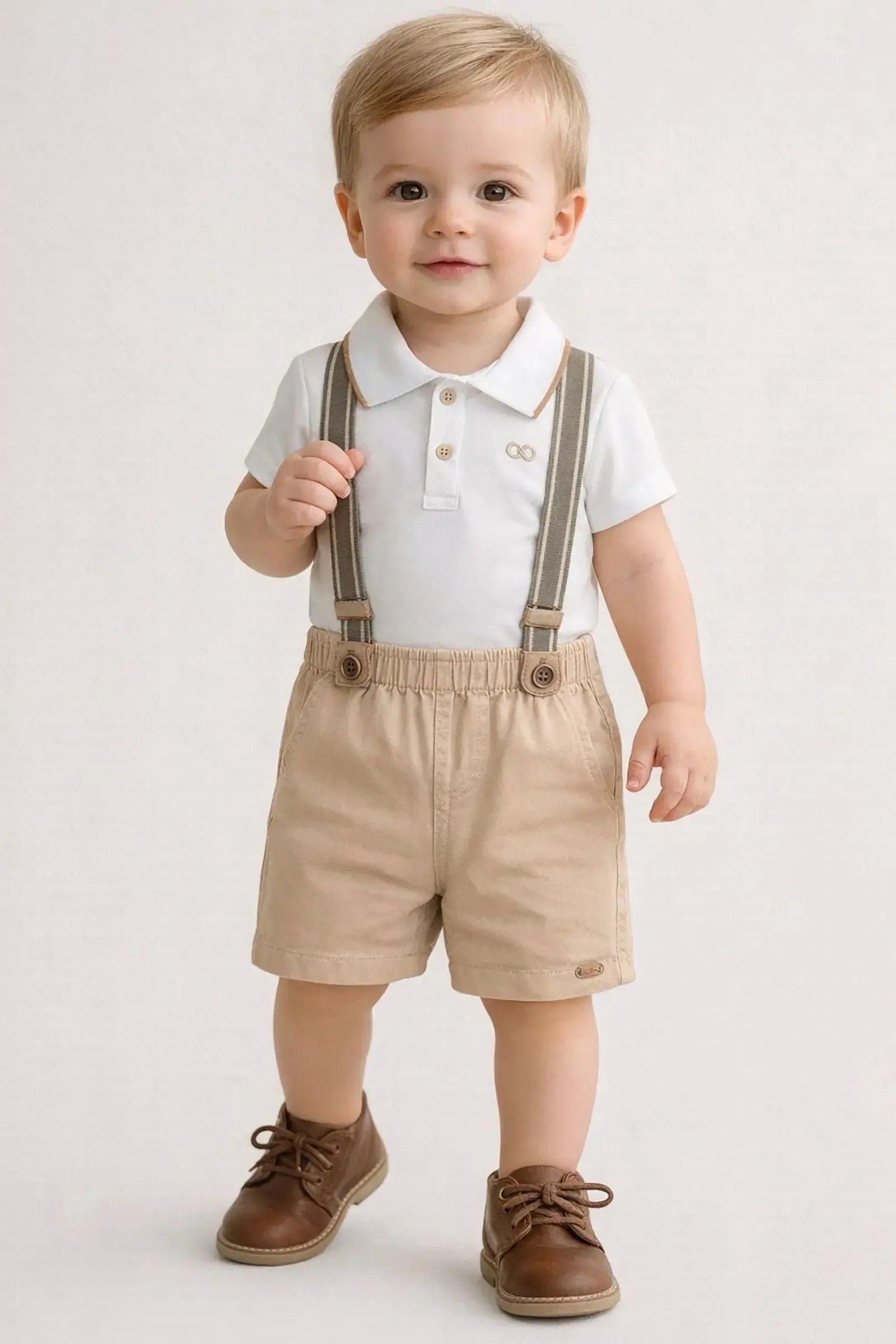Conjunto de Body Polo em Piquet com Elastano e Bermuda em Sarja Girassol com Elastano 97342 LucBoo Bebê Menino